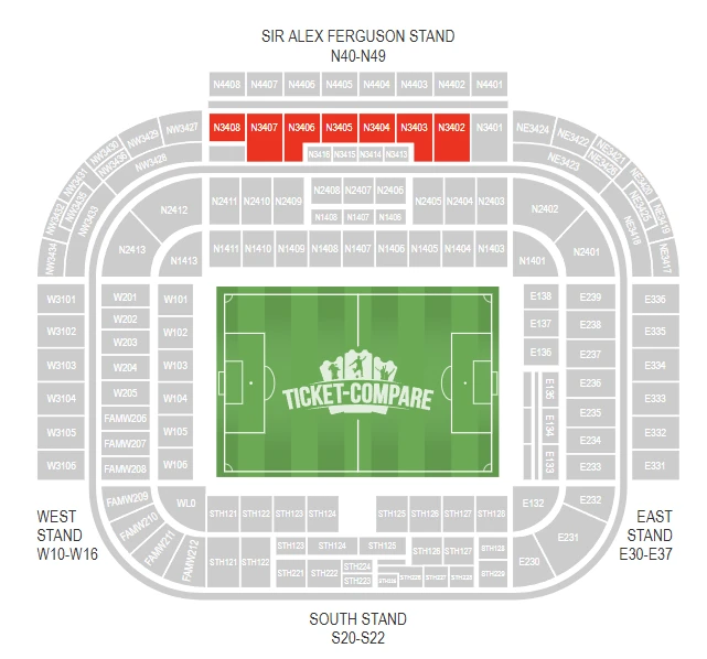 old trafford museum experience highlighted on the map blocks N3402 to N3408