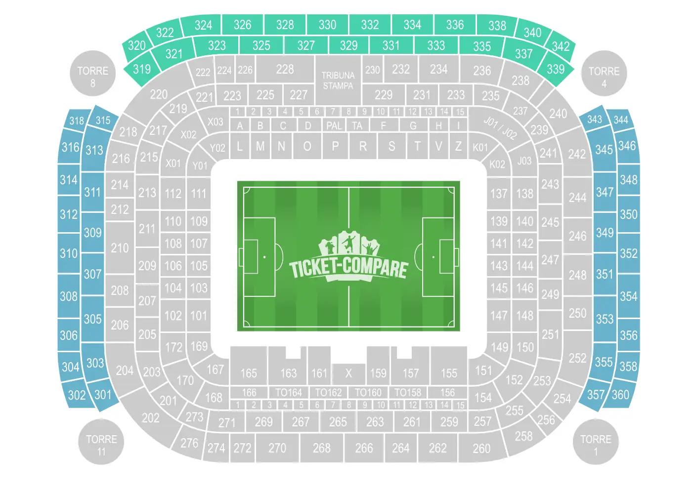 Plan des tribunes San Siro avec Terzo Anello en surbrillance
