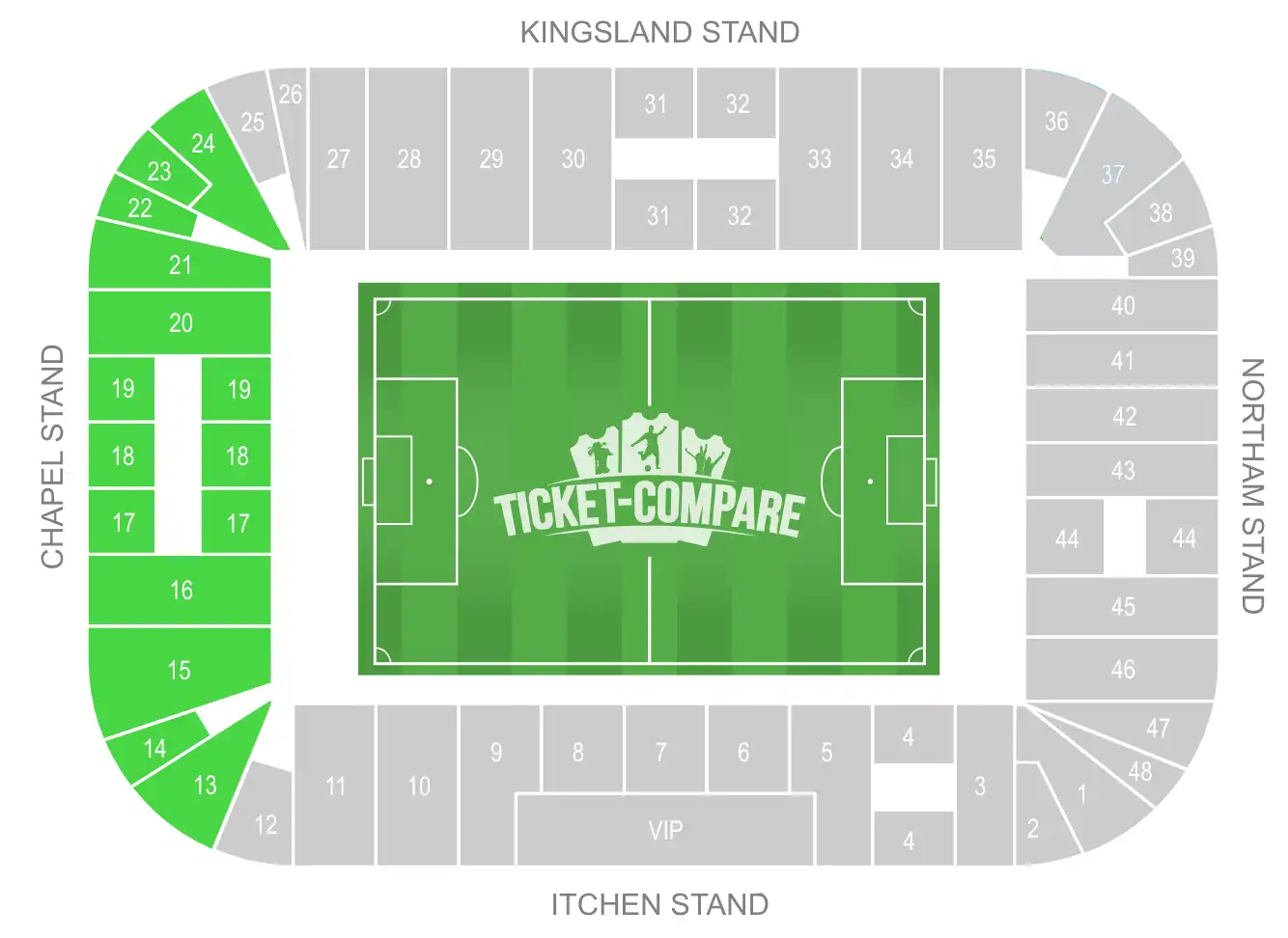 Plan des places St Mary’s Stadium – Tribune Chapel mise en avant