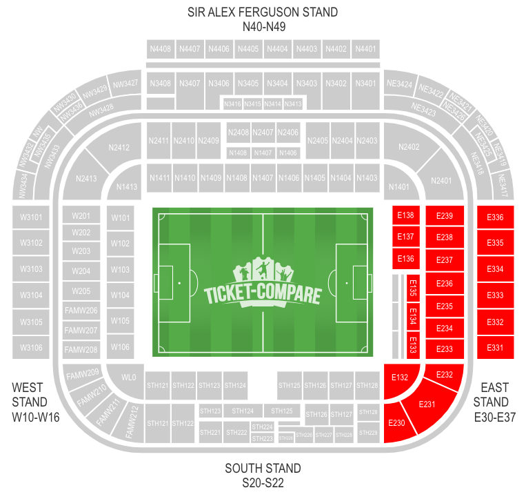 Plan siège Old Trafford avec East Stand en surbrillance