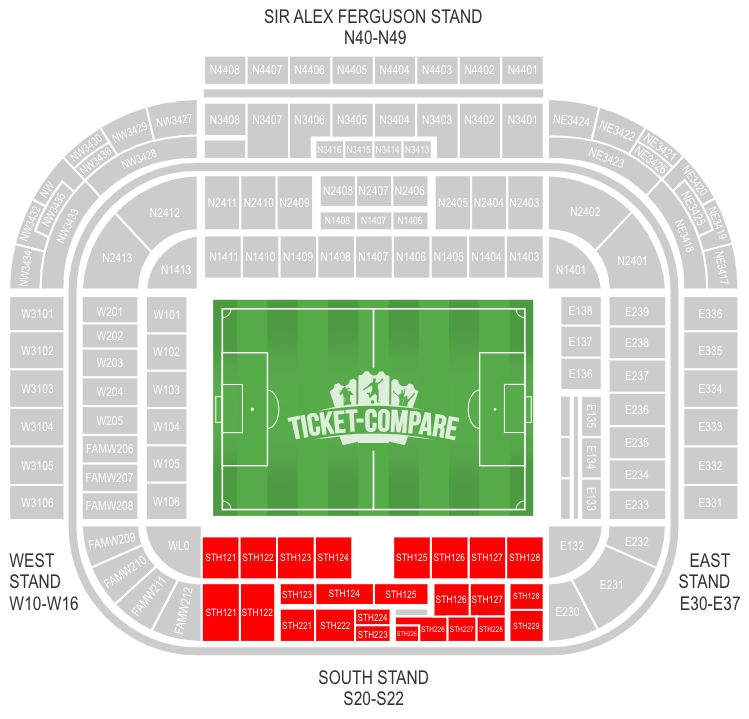 Plan siège Old Trafford avec South Stand en surbrillance