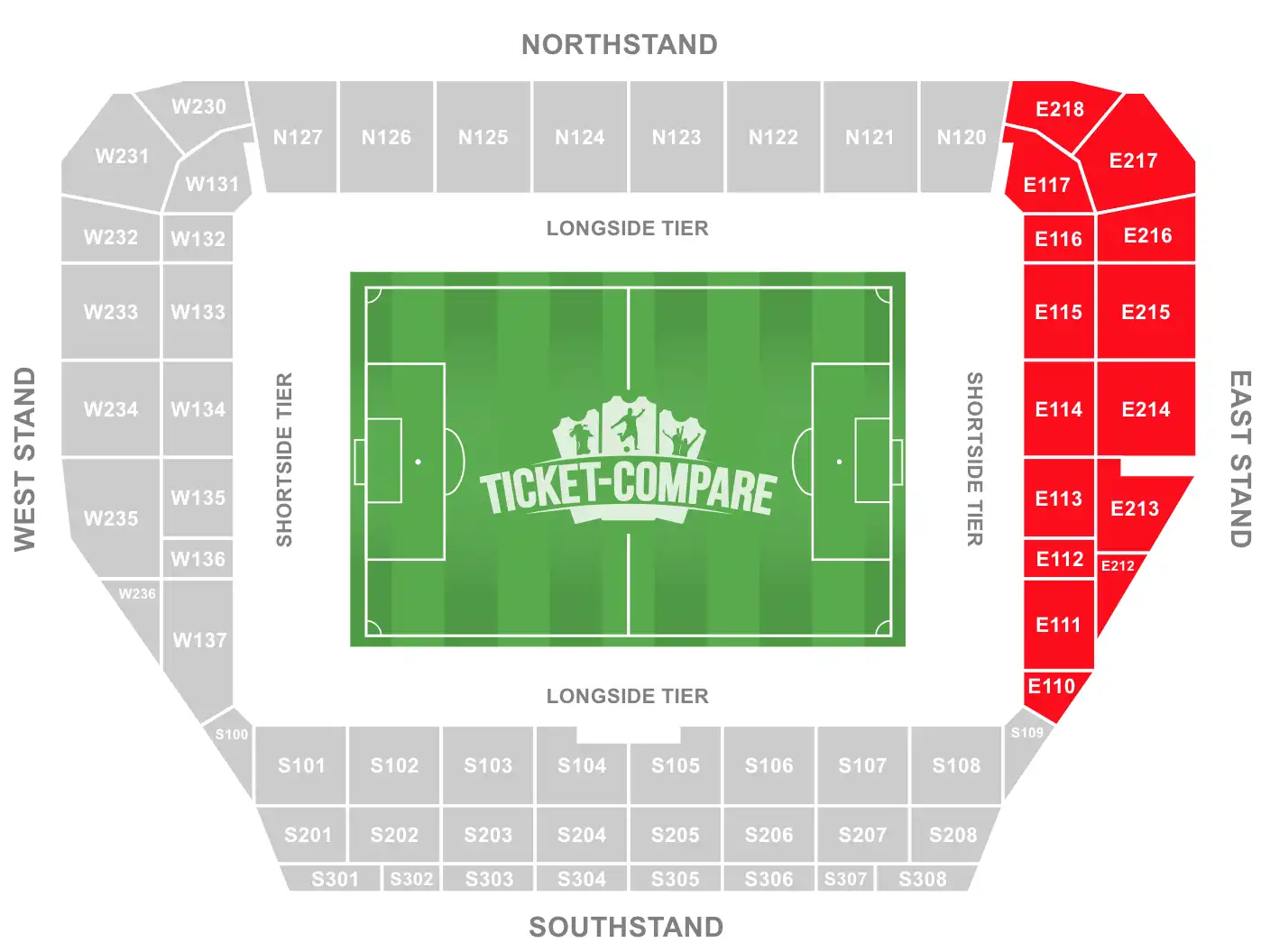 Plan des places Community Stadium avec section Est surlignée