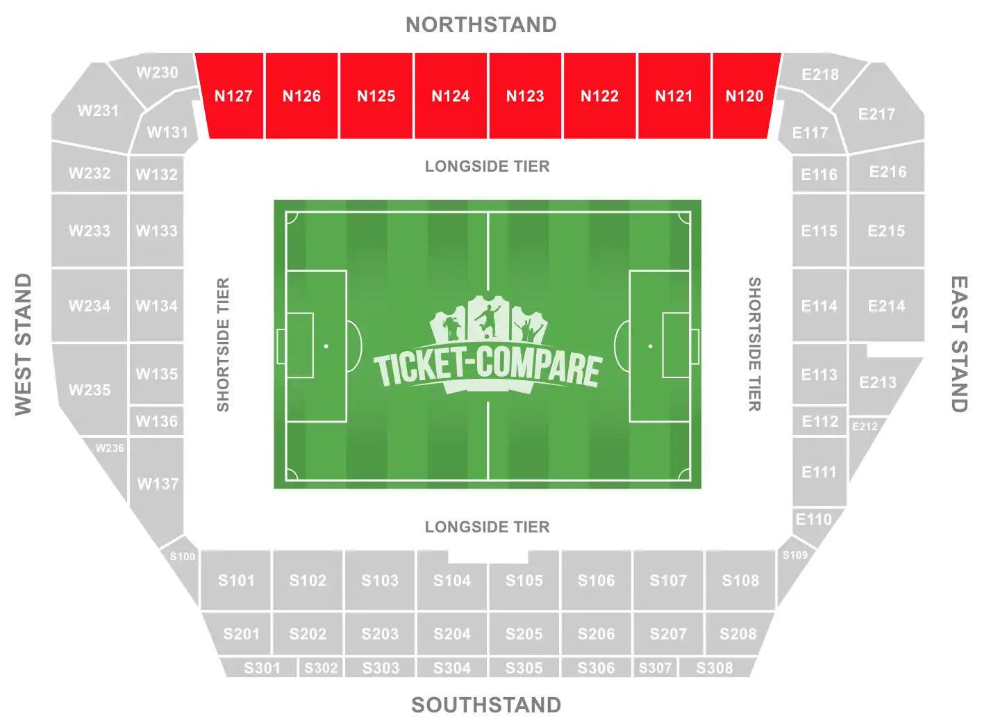 Plan des places Community Stadium avec section Nord surlignée