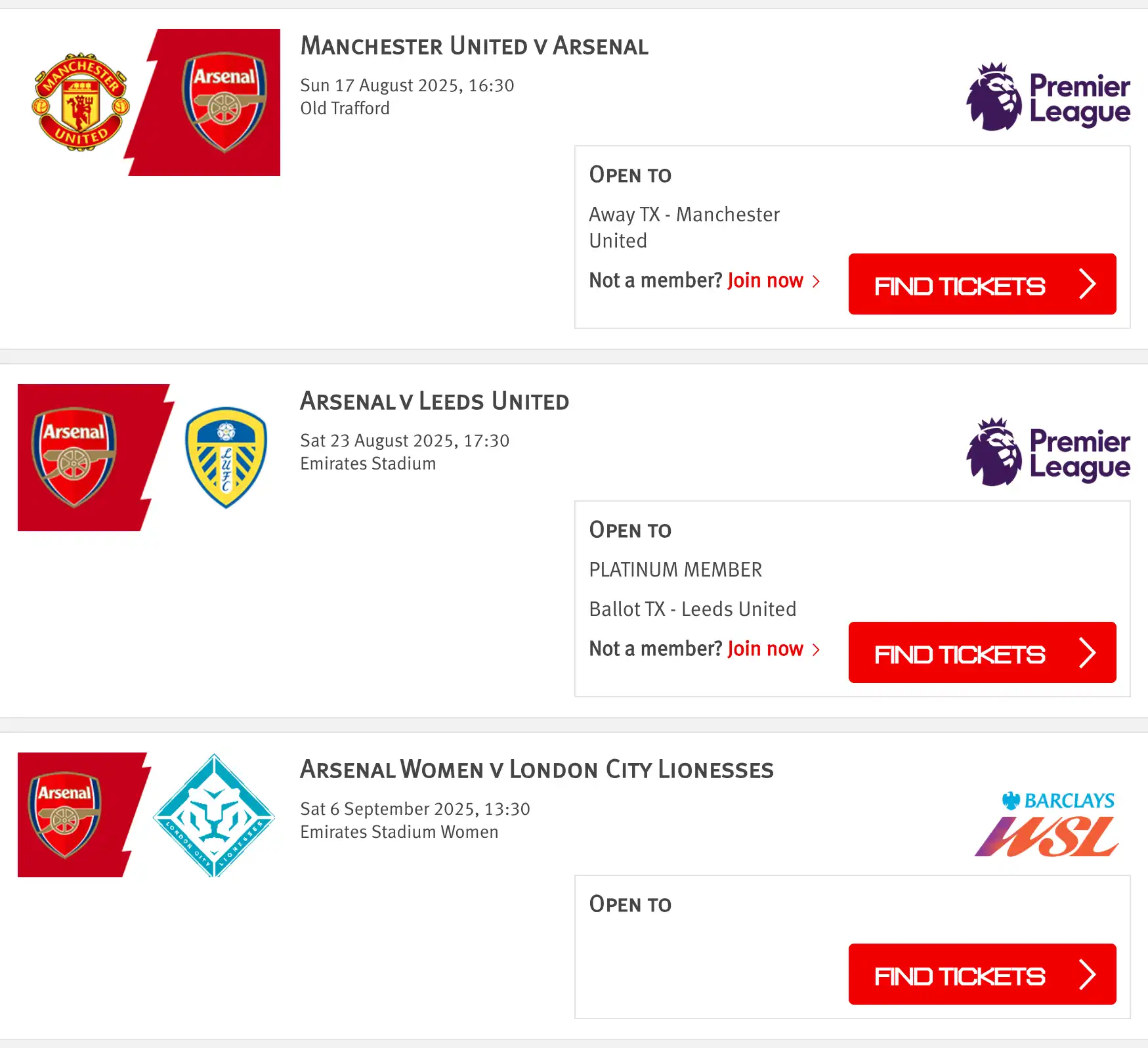screenshot of fixtures list