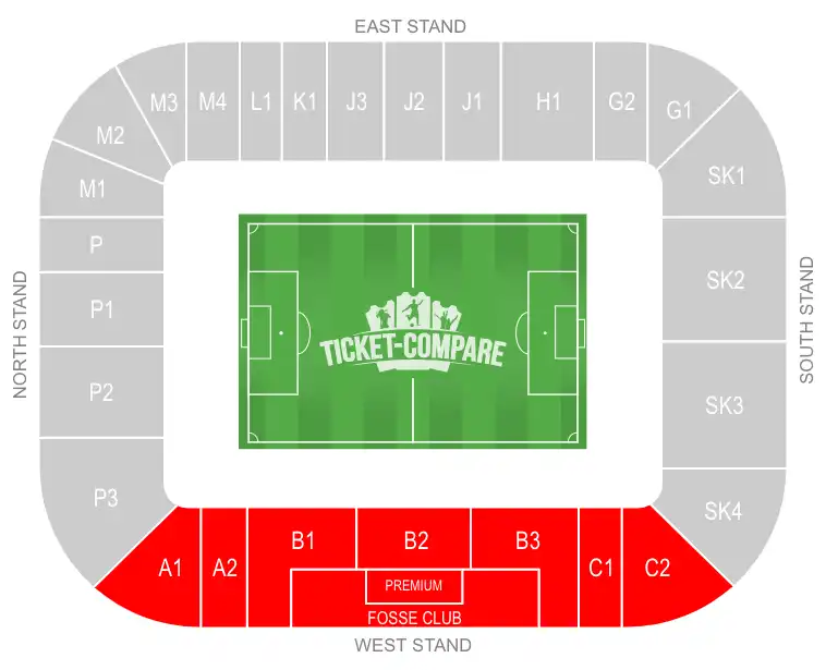 Plan du King Power Stadium avec Tribune Ouest en surbrillance
