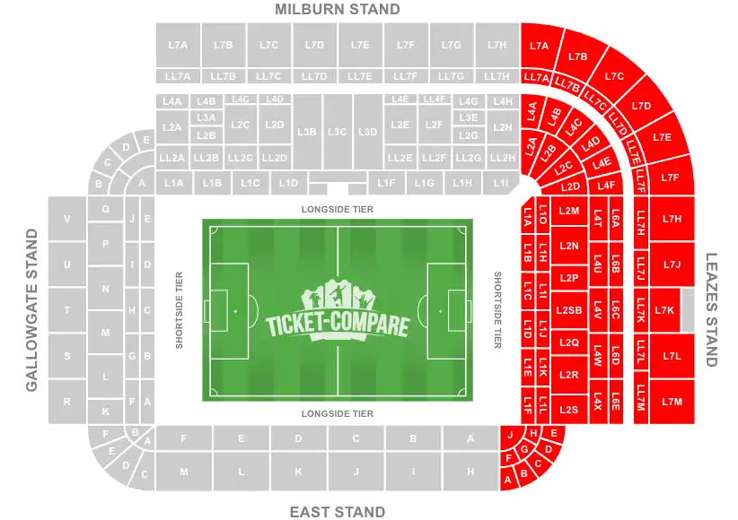 St James' Park Stadium Seating Plan with Leazes Stand highlighted