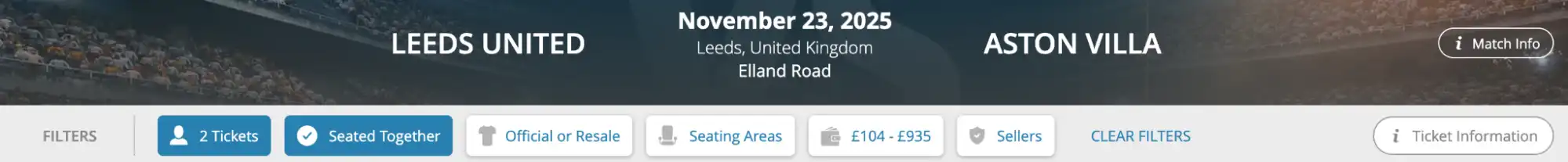 menu Leeds United V Aston Villa billet match