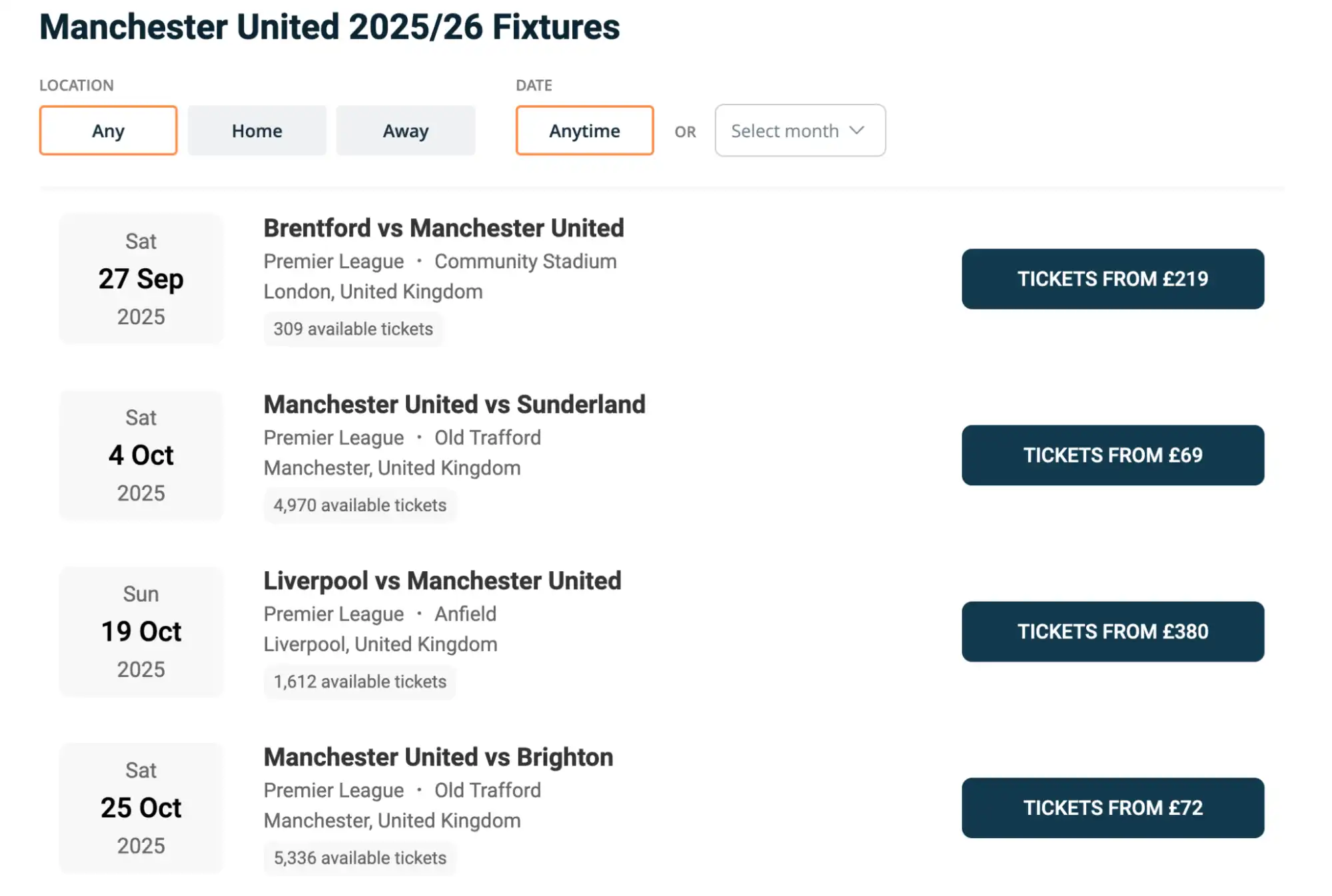 Manchecter United fixtures