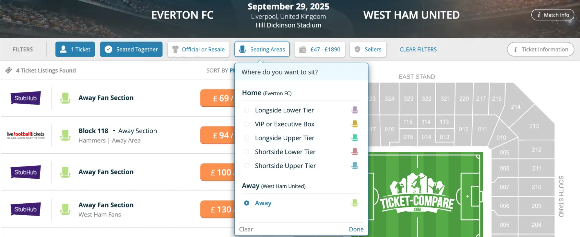 Seating Areas menu – Everton vs West Ham United