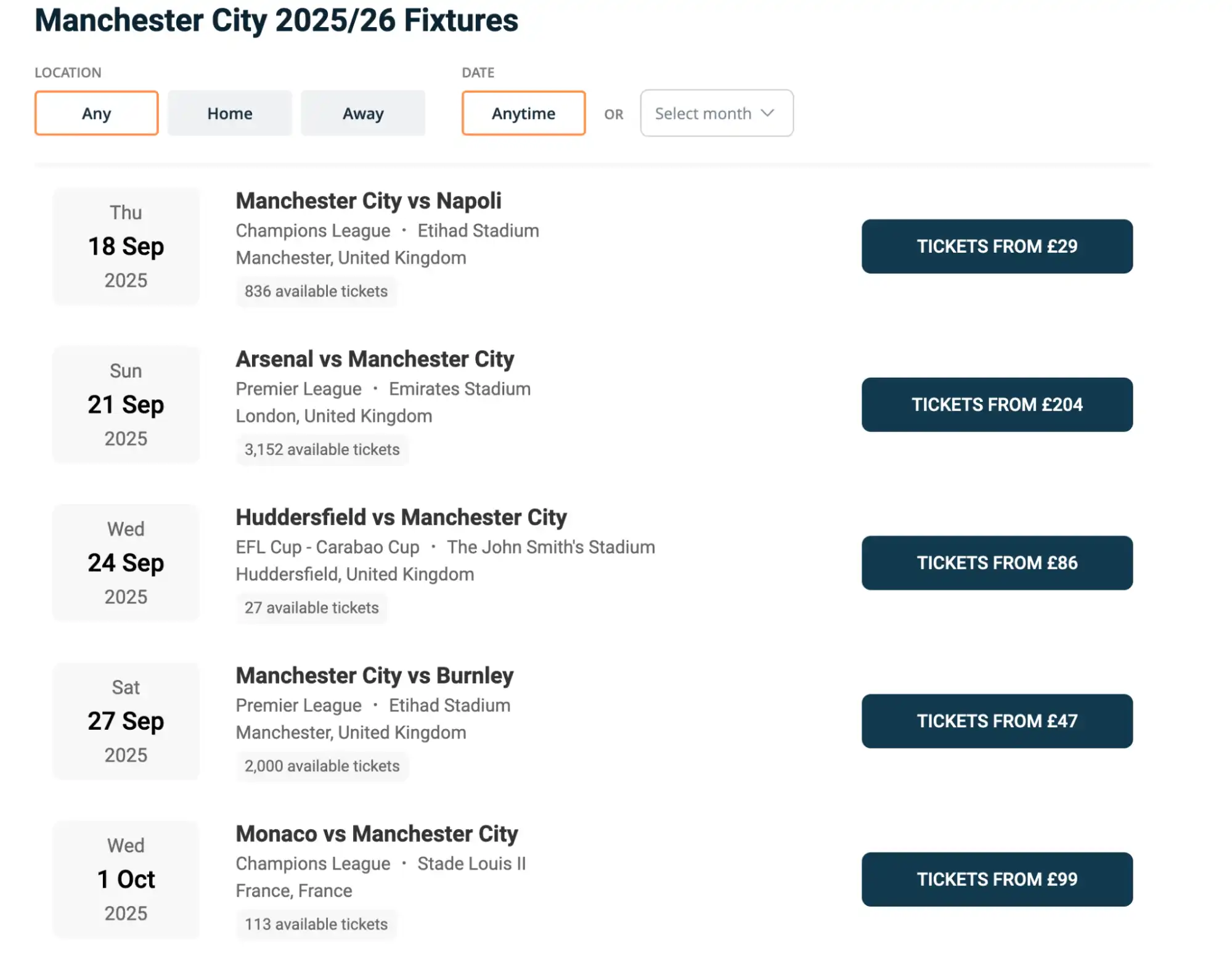 screenshot calendrier Man City comparateur