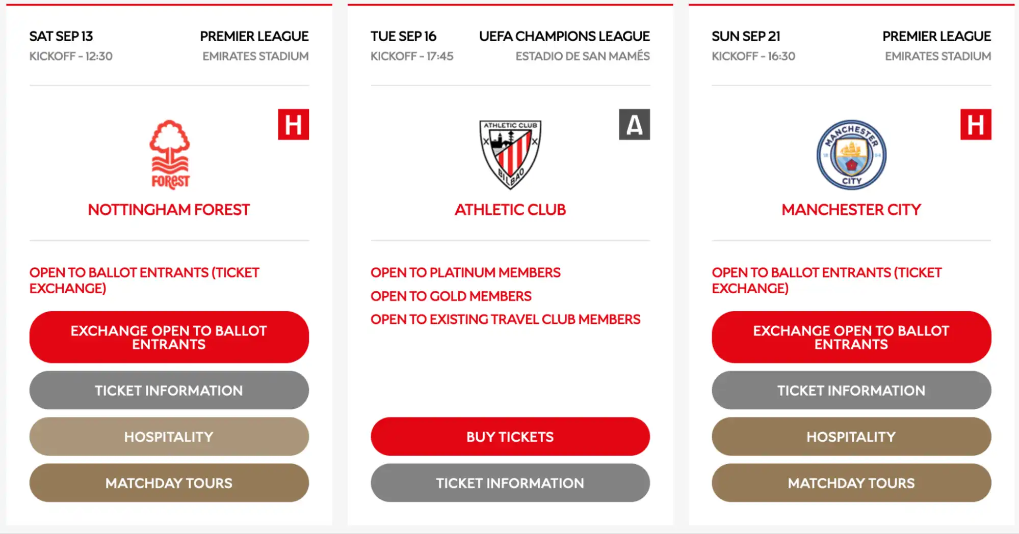 screenshot de la page billets sur le site Arsenal