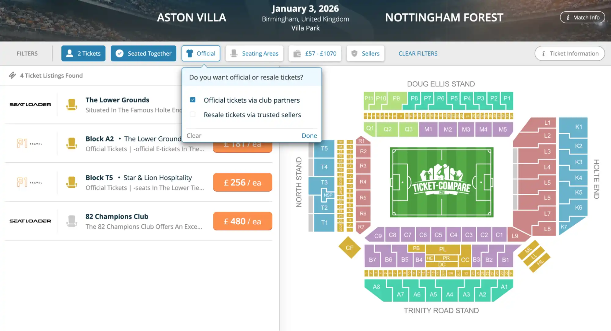 screenshot of the Official/Resale tickets option
