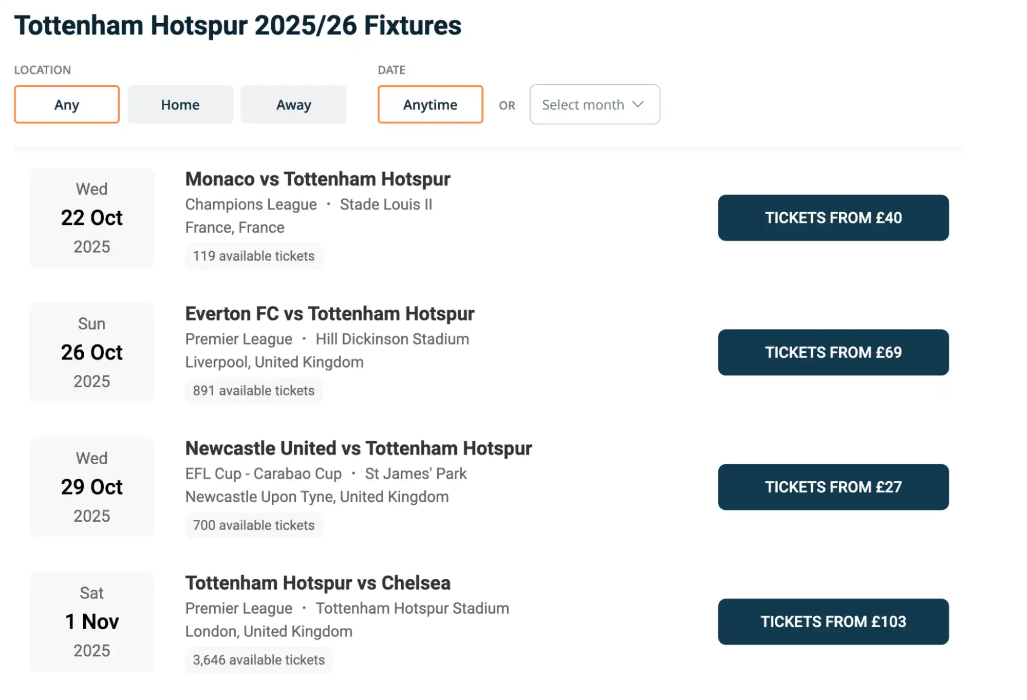 calendrier matches Tottenham Hotspur Stadium