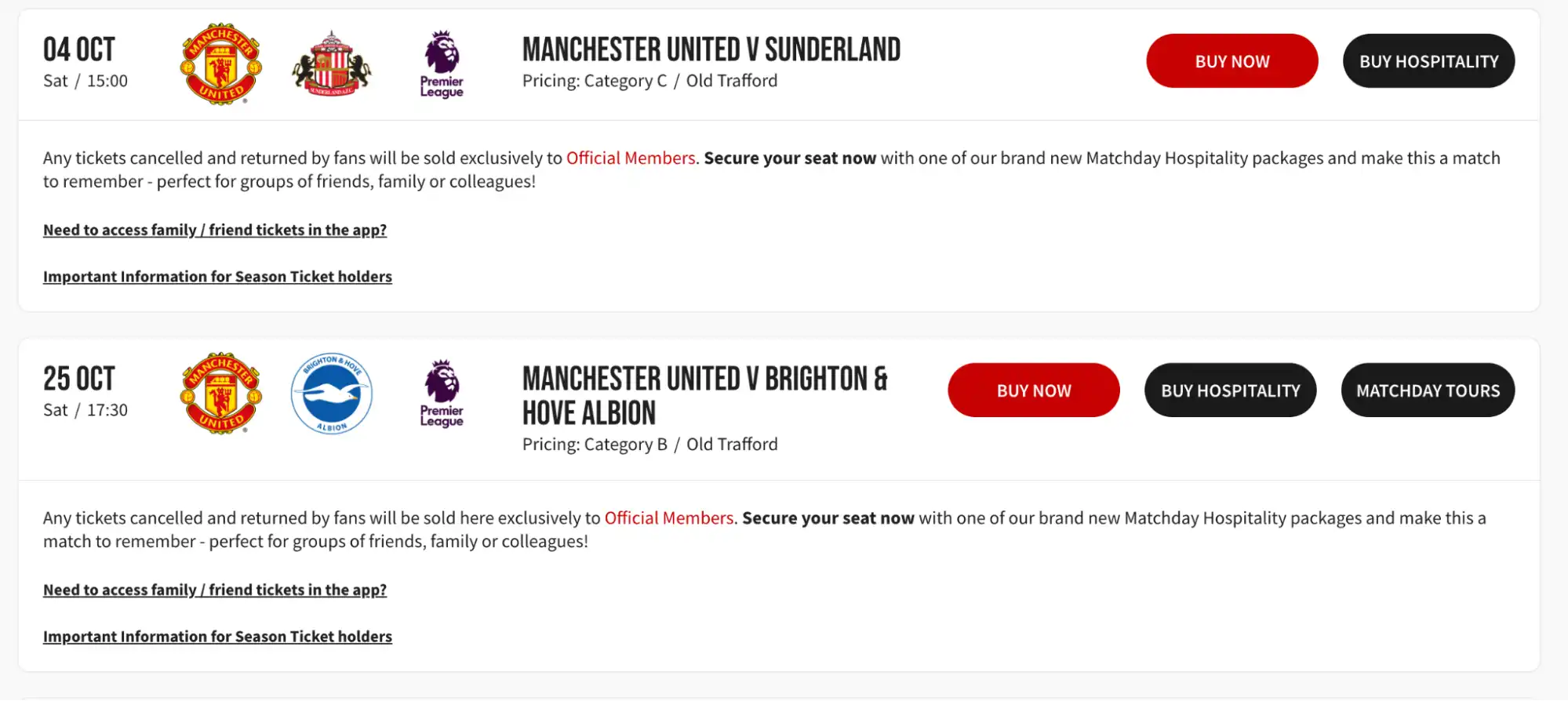 capture d’écran matches Manchester United site officiel