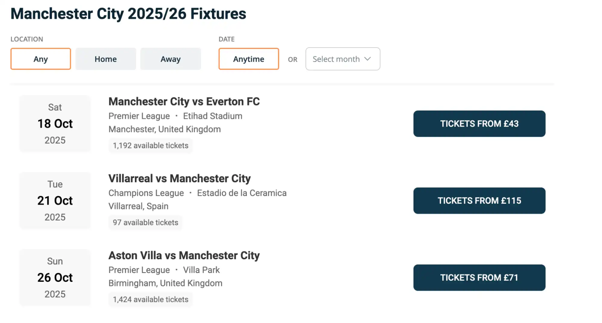 Manchester City Fixtures page