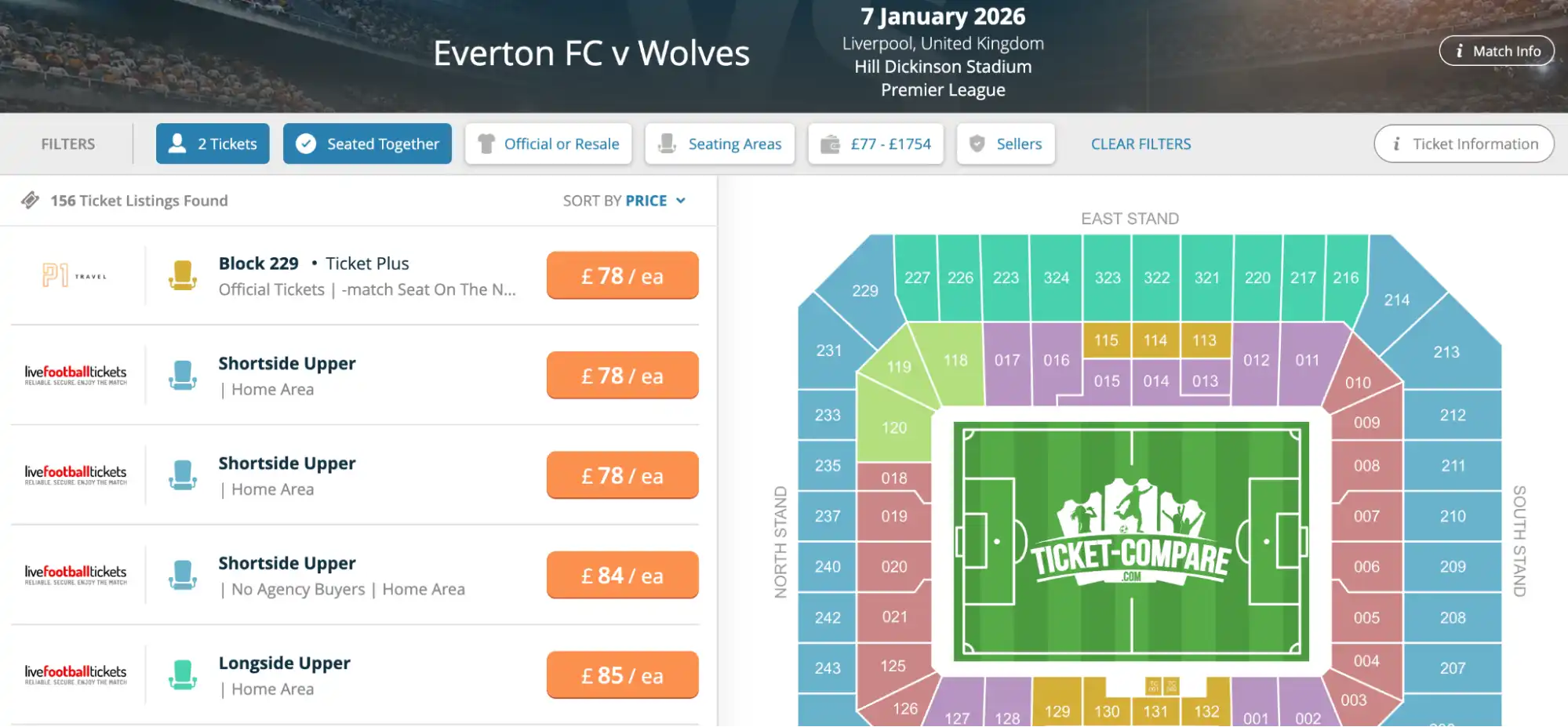 Liste Billets Everton vs Wolves
