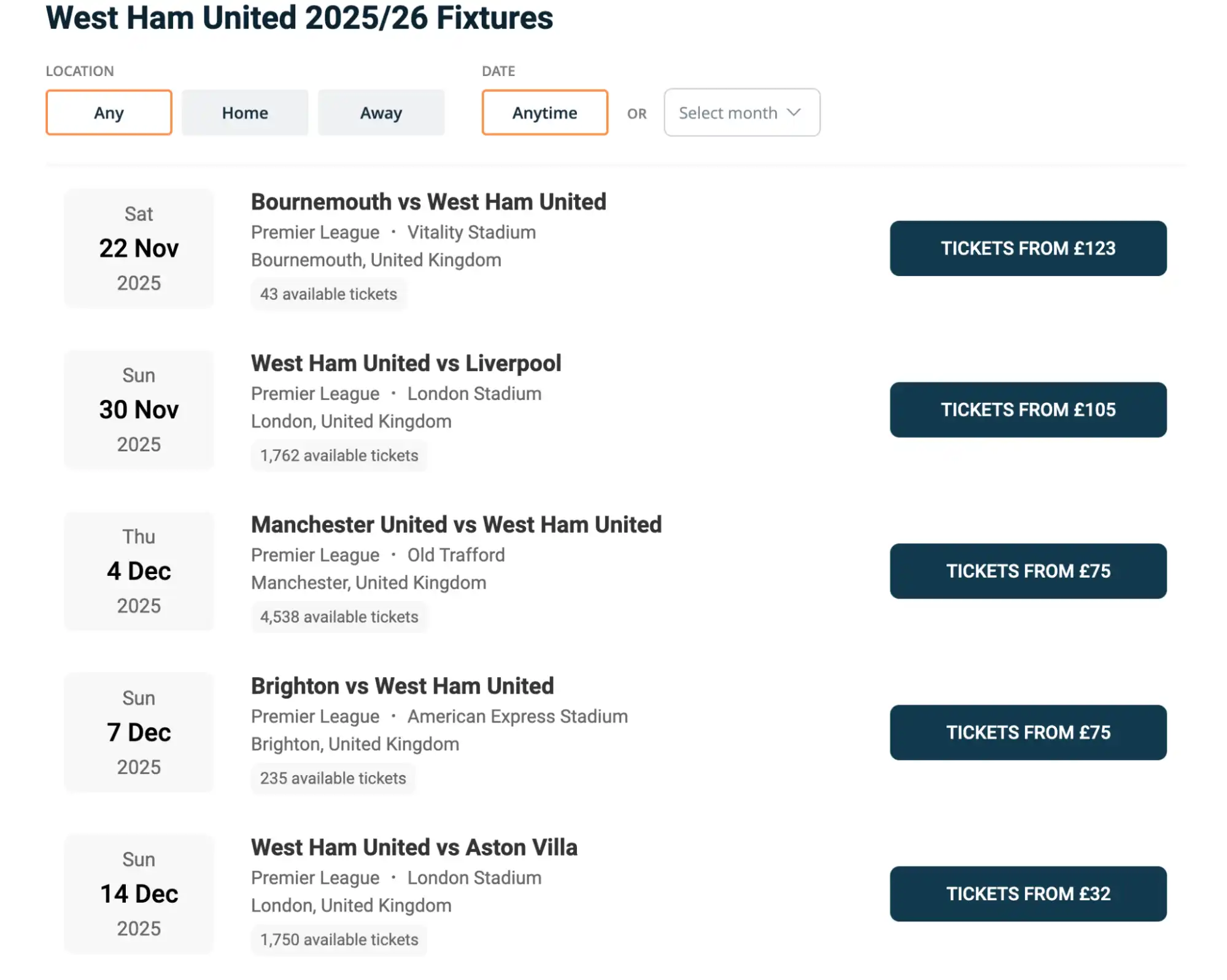 capture calendrier match West Ham