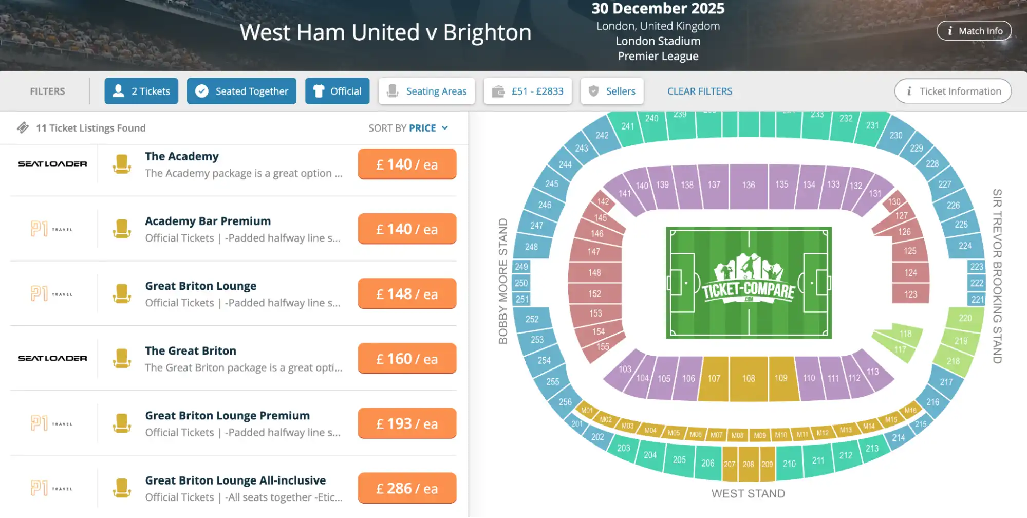 exemple billets West Ham v Brighton