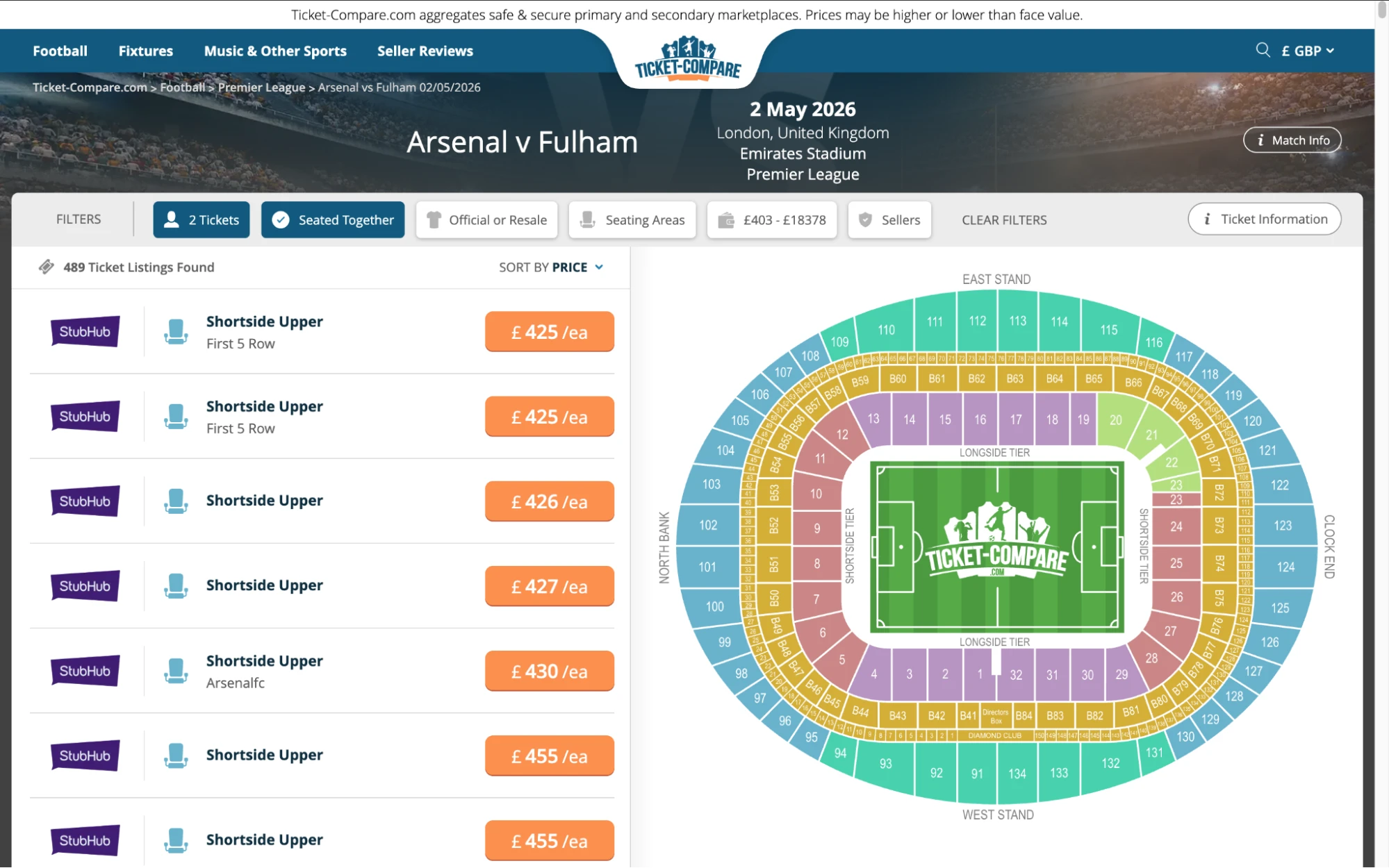 Screenshot of Arsenal v Fulham tickets page