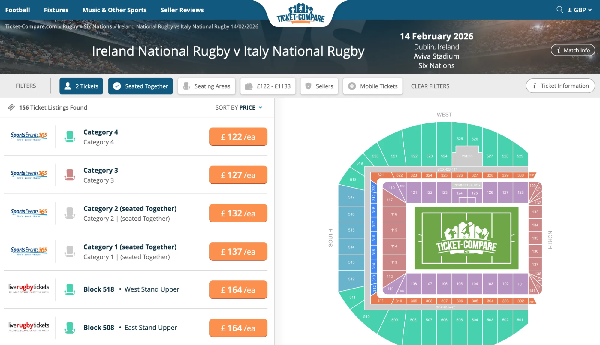 Screenshot of Ireland National Rugby v Italy National Rugby tickets page