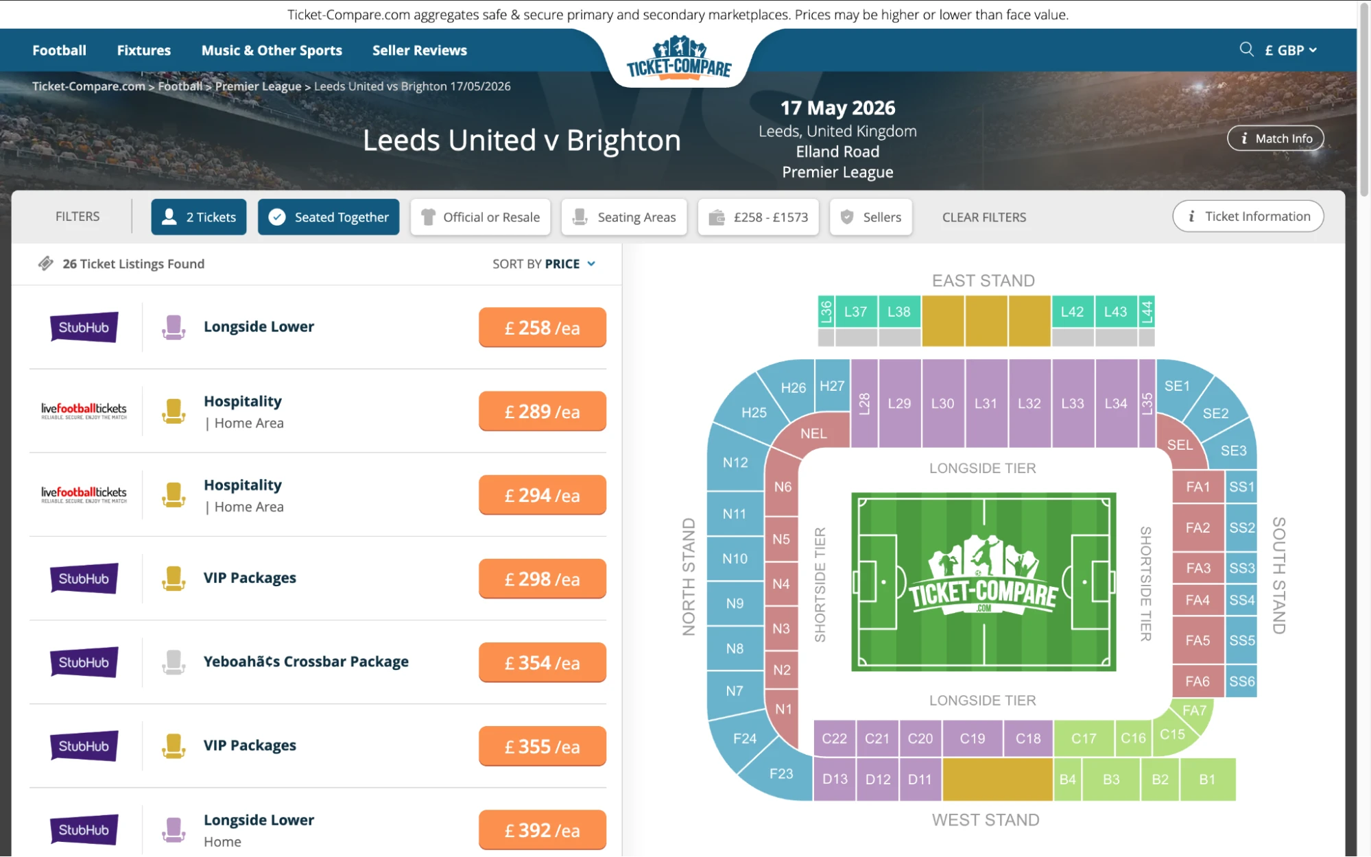 Aperçu page billets Leeds United v Brighton