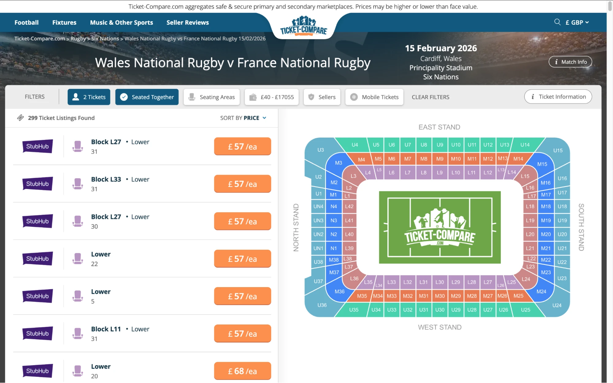 Capture d’écran de la page billets Pays de Galles v France sur la plateforme de comparaison