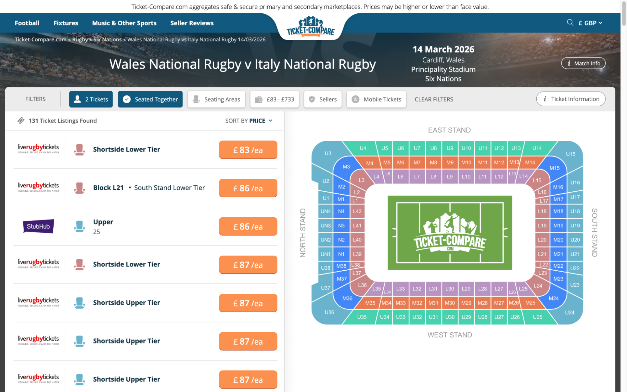 Aperçu du comparateur Billets Pays de Galles Rugby vs Italie