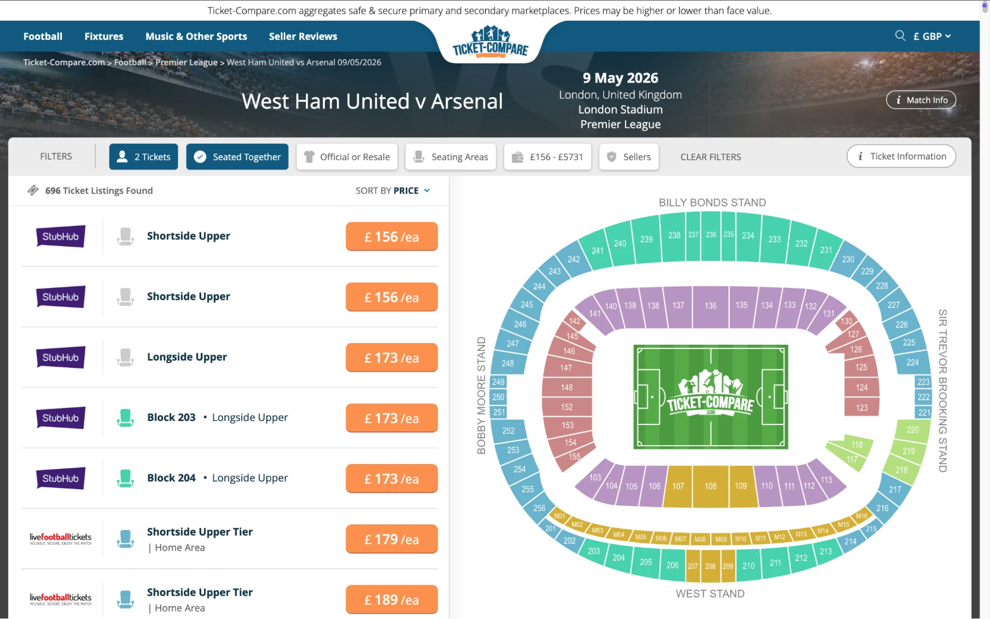 Capture écran : page West Ham United v Arsenal, billets disponibles
