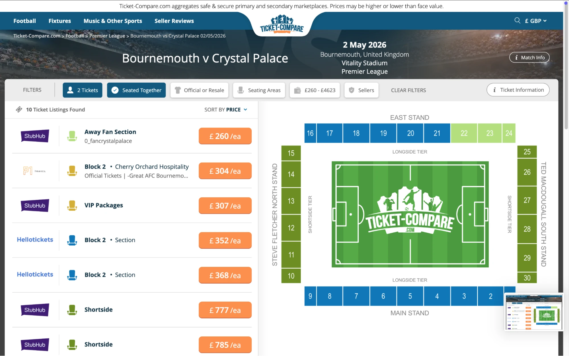 Bournemouth v Crystal Palace – comparateur de billets
