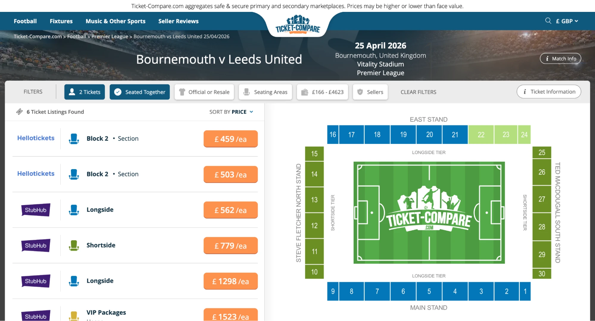 Page billets Bournemouth v Leeds United