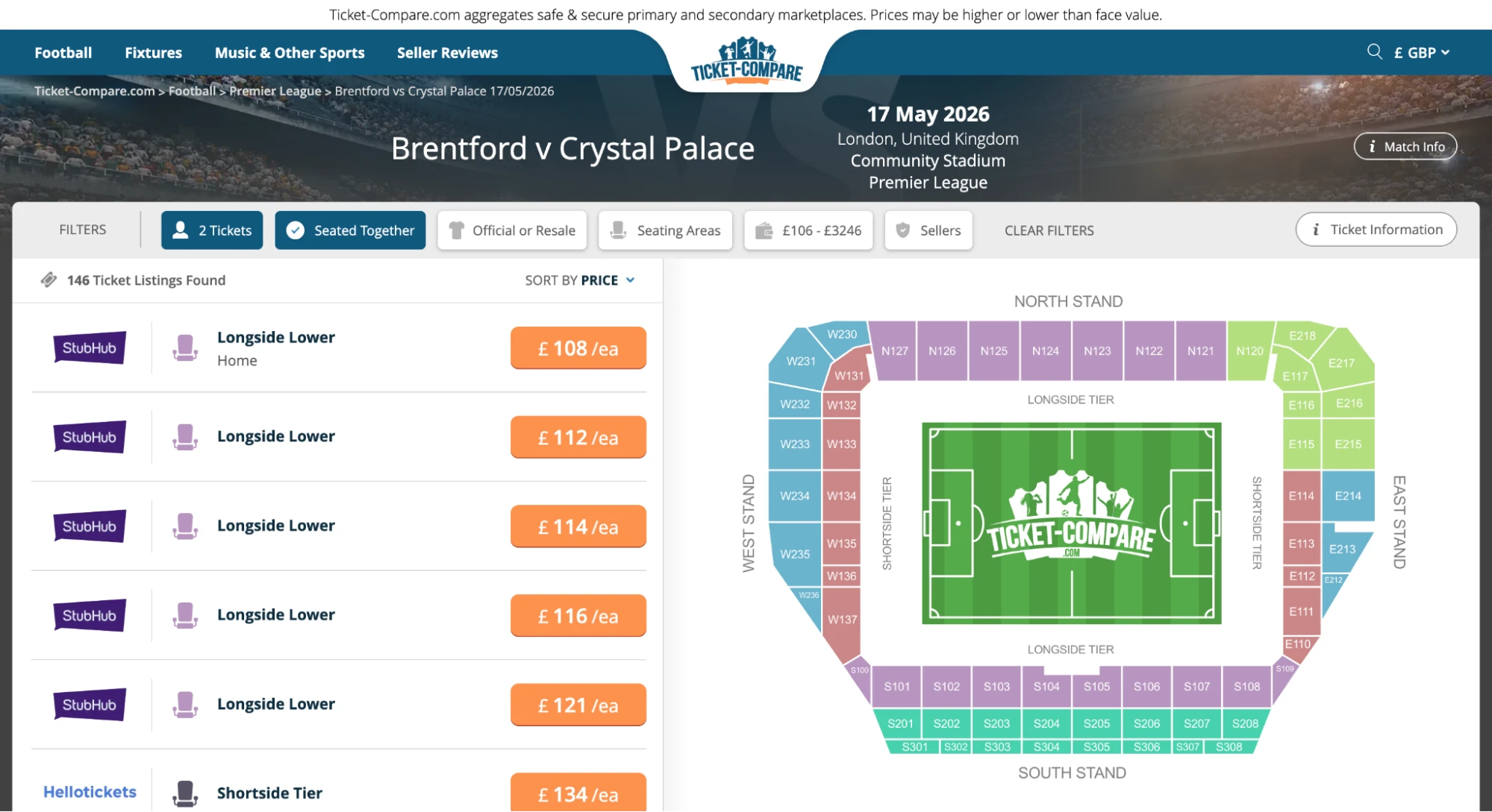 Page billets Brentford v Crystal Palace
