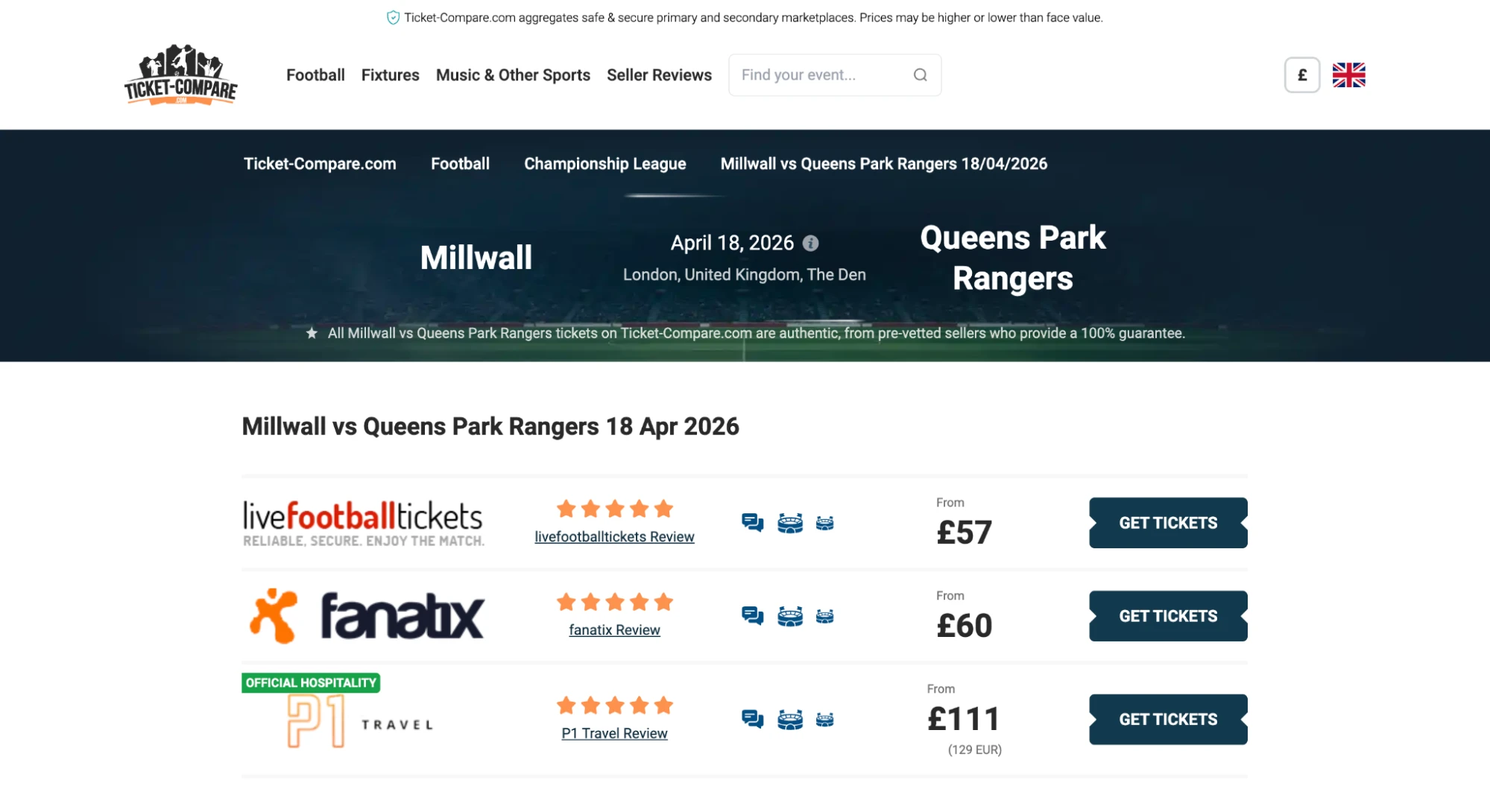 Page billets Millwall vs QPR