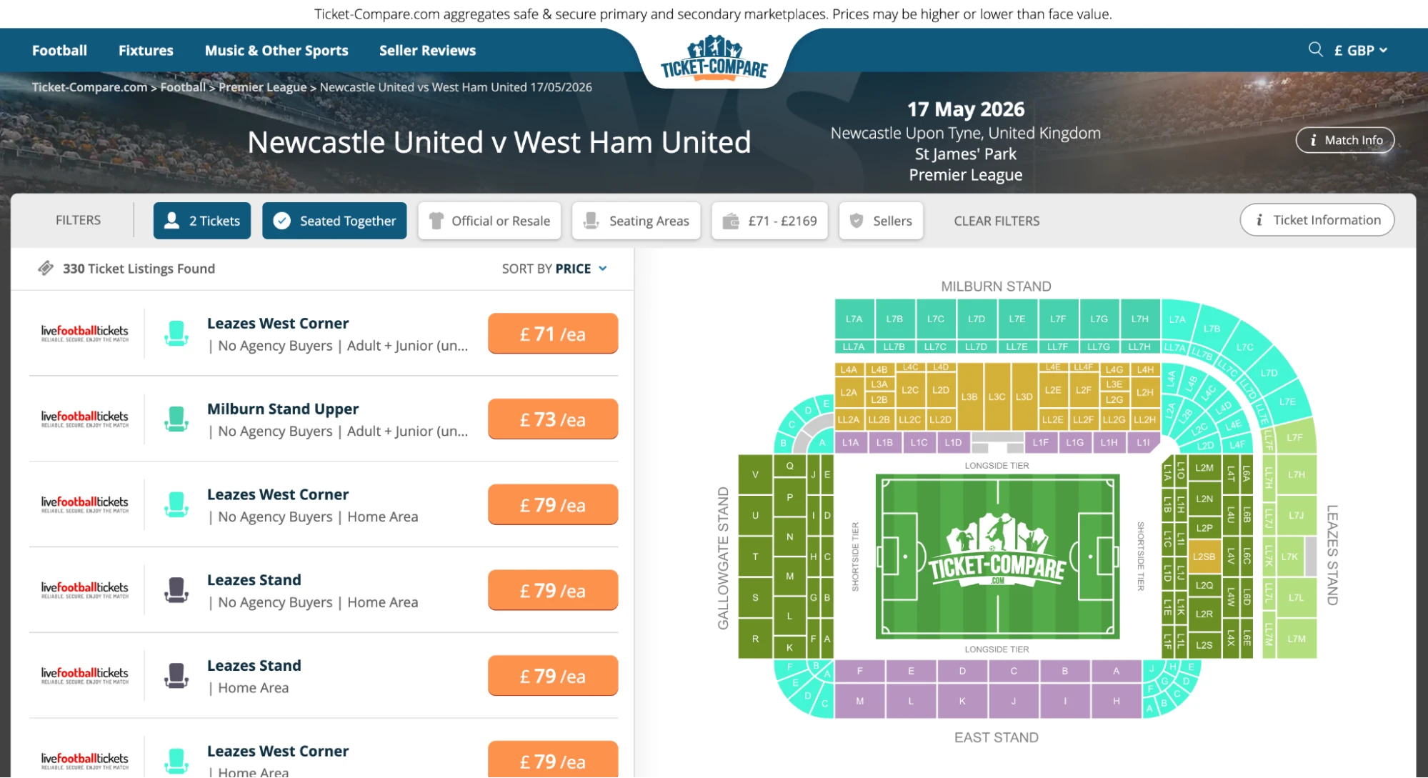 Screenshot Newcastle United v West Ham United billets