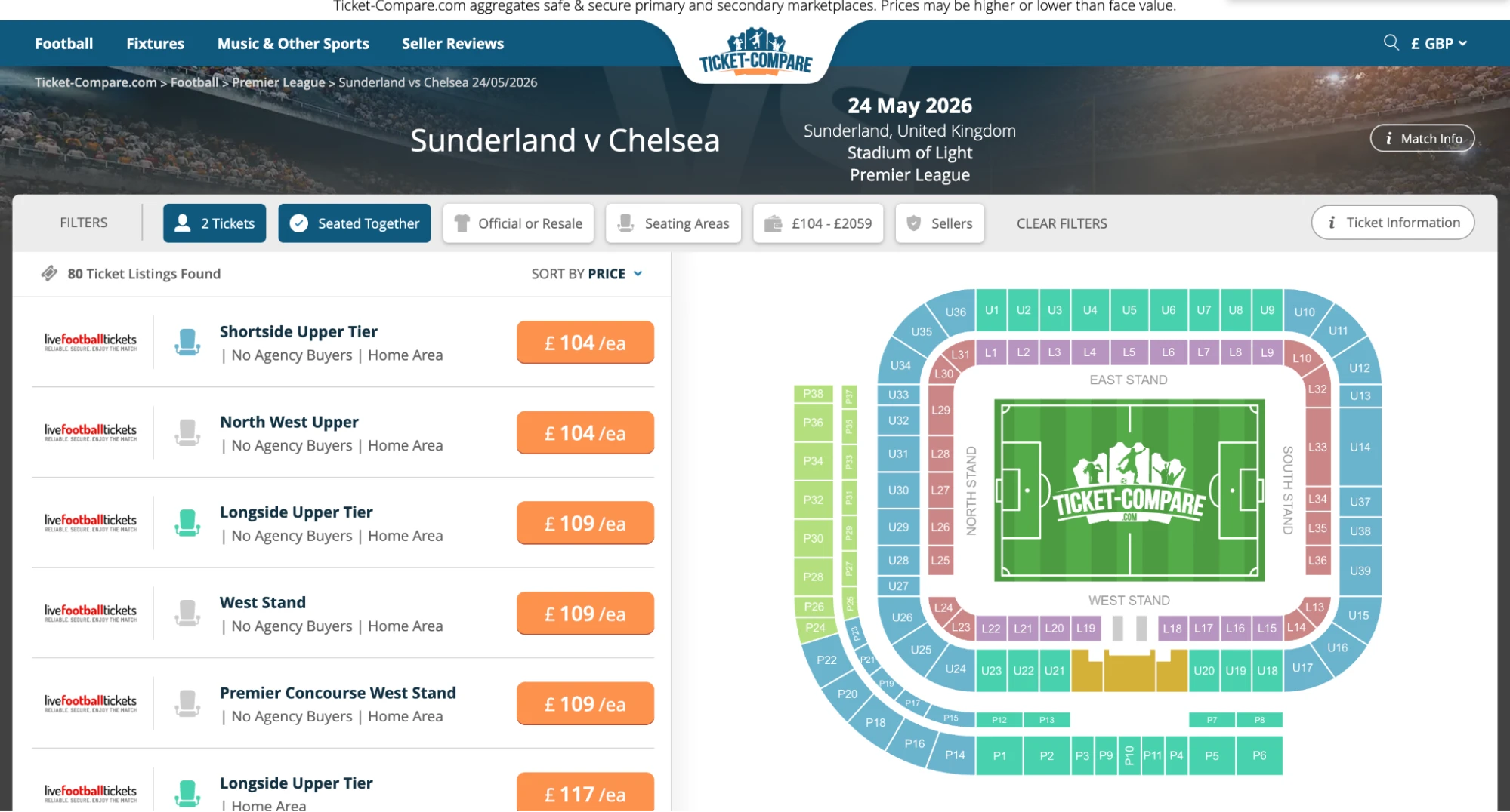 Capture d’écran page billets Sunderland v Chelsea