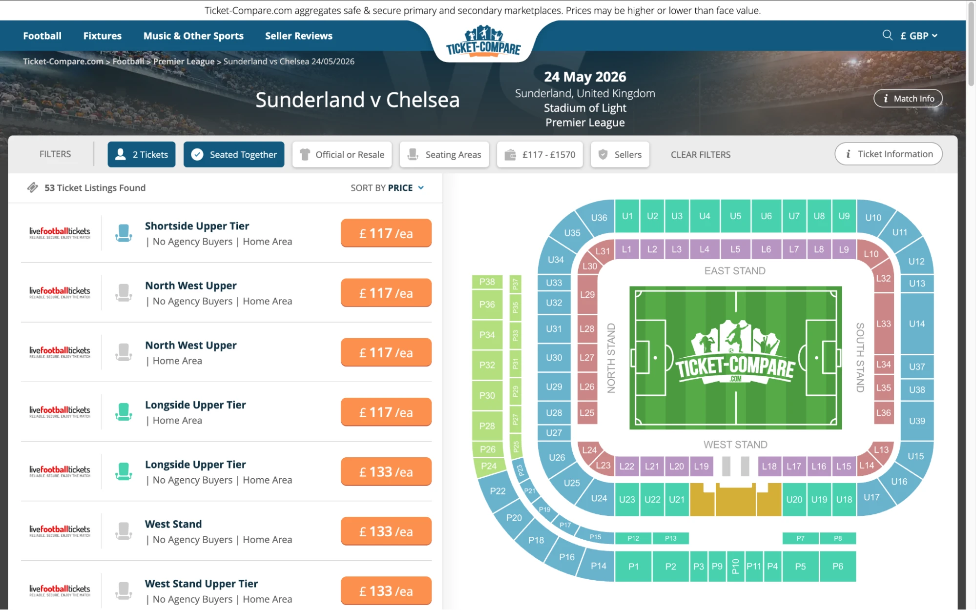 Capture d'écran page billets Sunderland v Chelsea