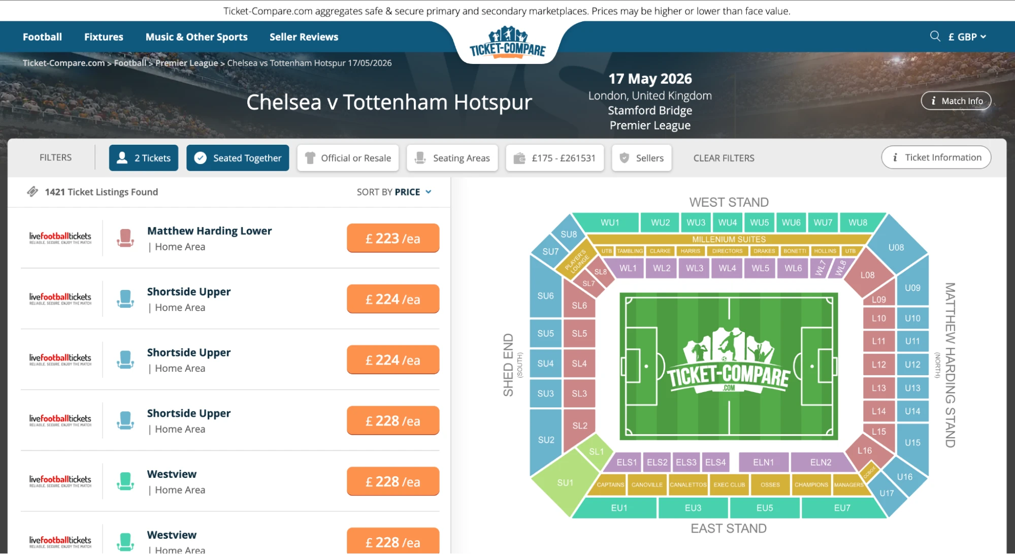Screenshot de la page Billetterie Chelsea vs Tottenham