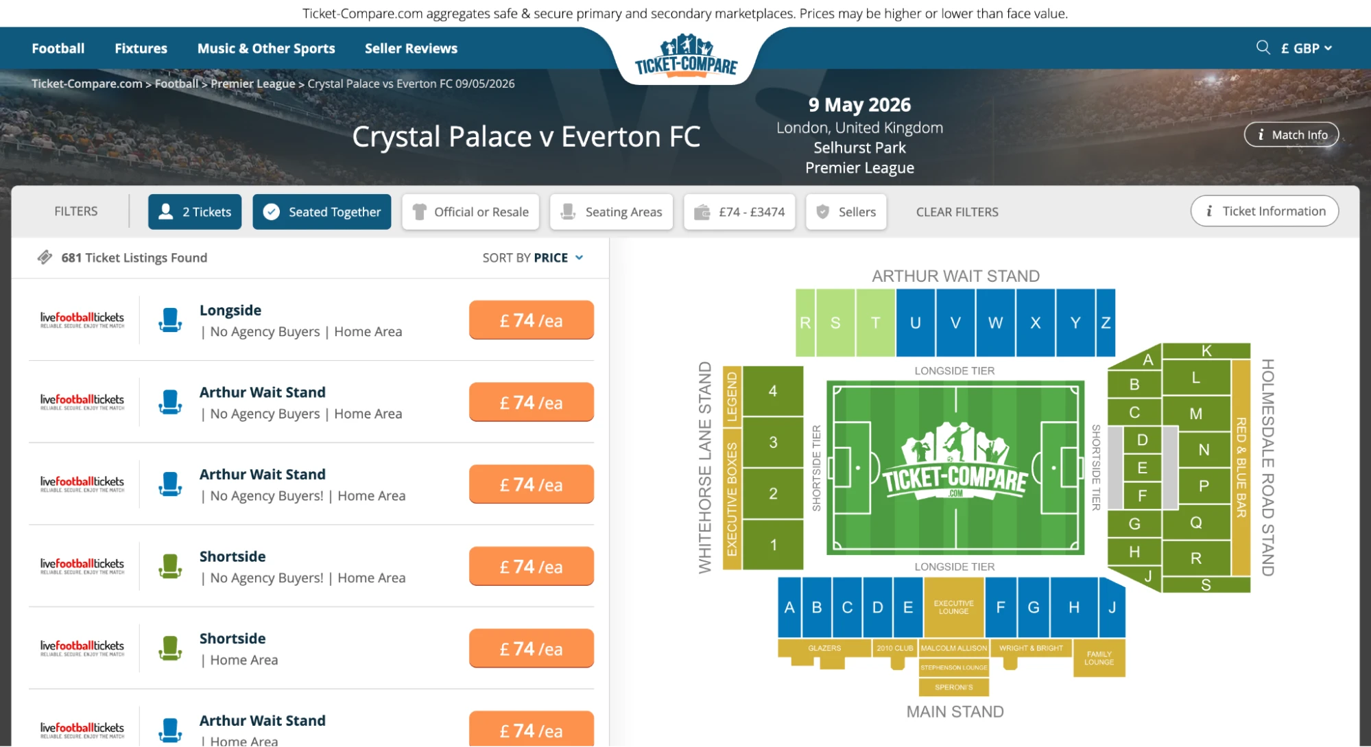 Capture écran page Crystal Palace v Everton FC billets