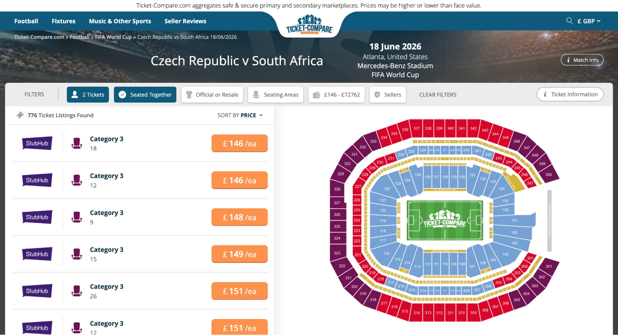 Capture d’écran page billets Tchéquie v Afrique du Sud sur Ticket-Compare