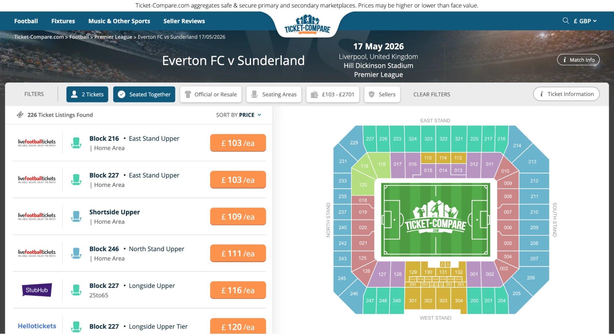 Screenshot de la page Billetterie Everton v Sunderland