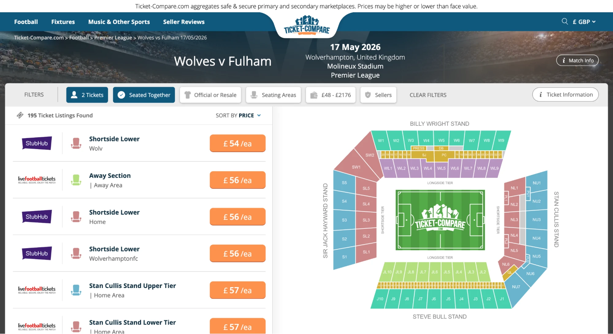 Aperçu billets Wolves-Fulham sur notre comparateur