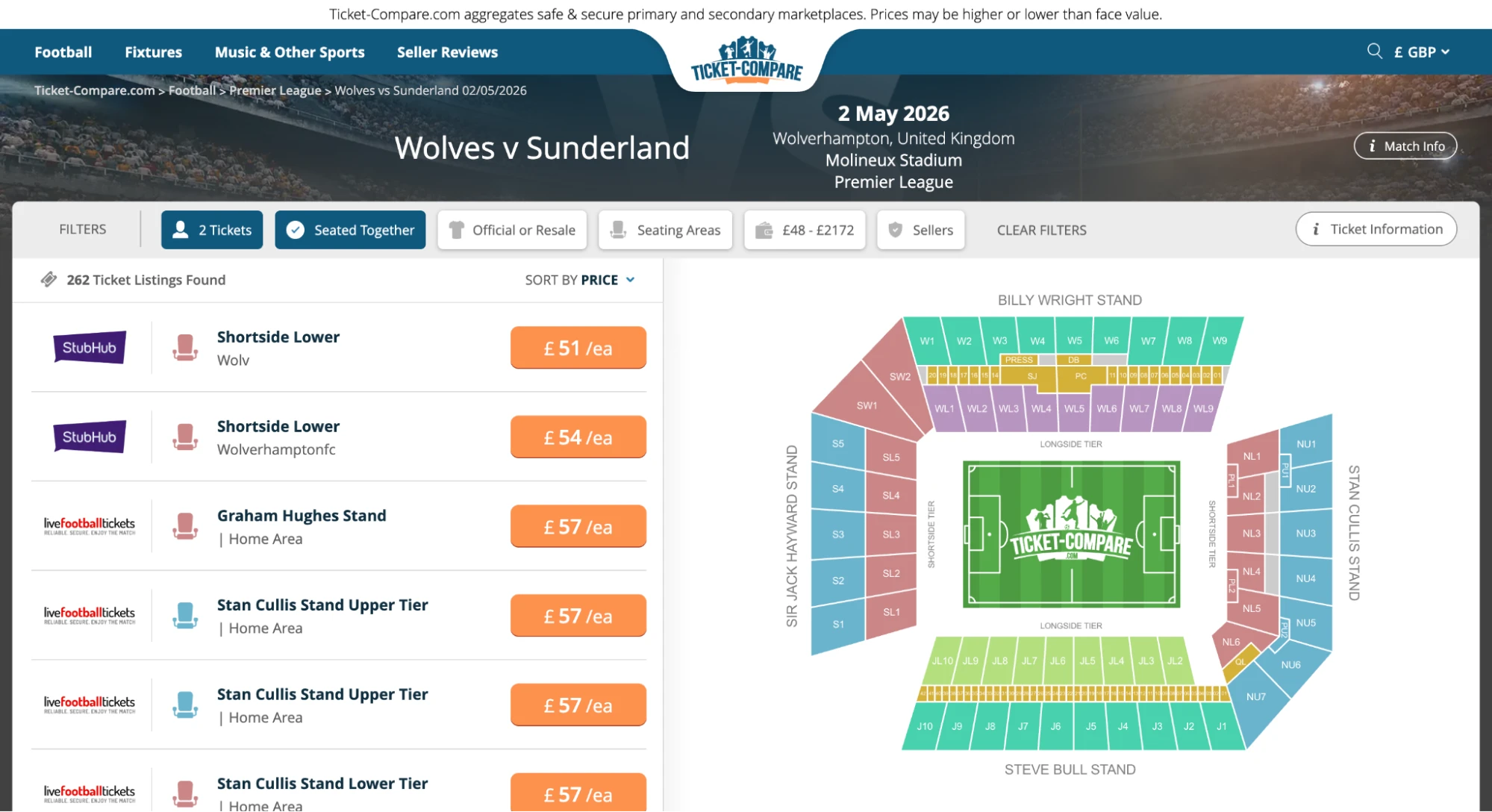 Screenshot of Wolves v Sunderland tickets page on Ticket-Compare.com