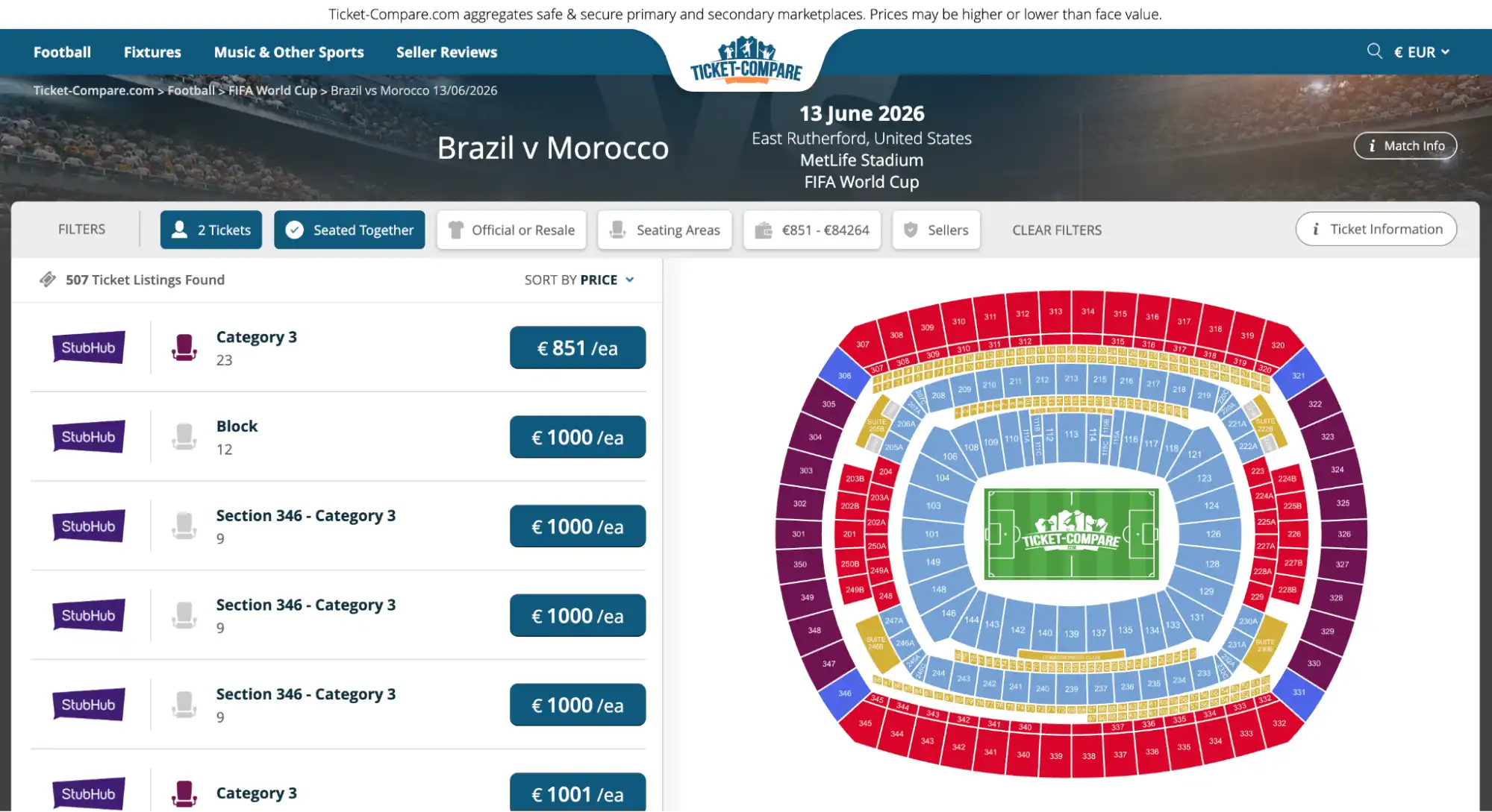 capture d’écran page billets Brésil vs Maroc