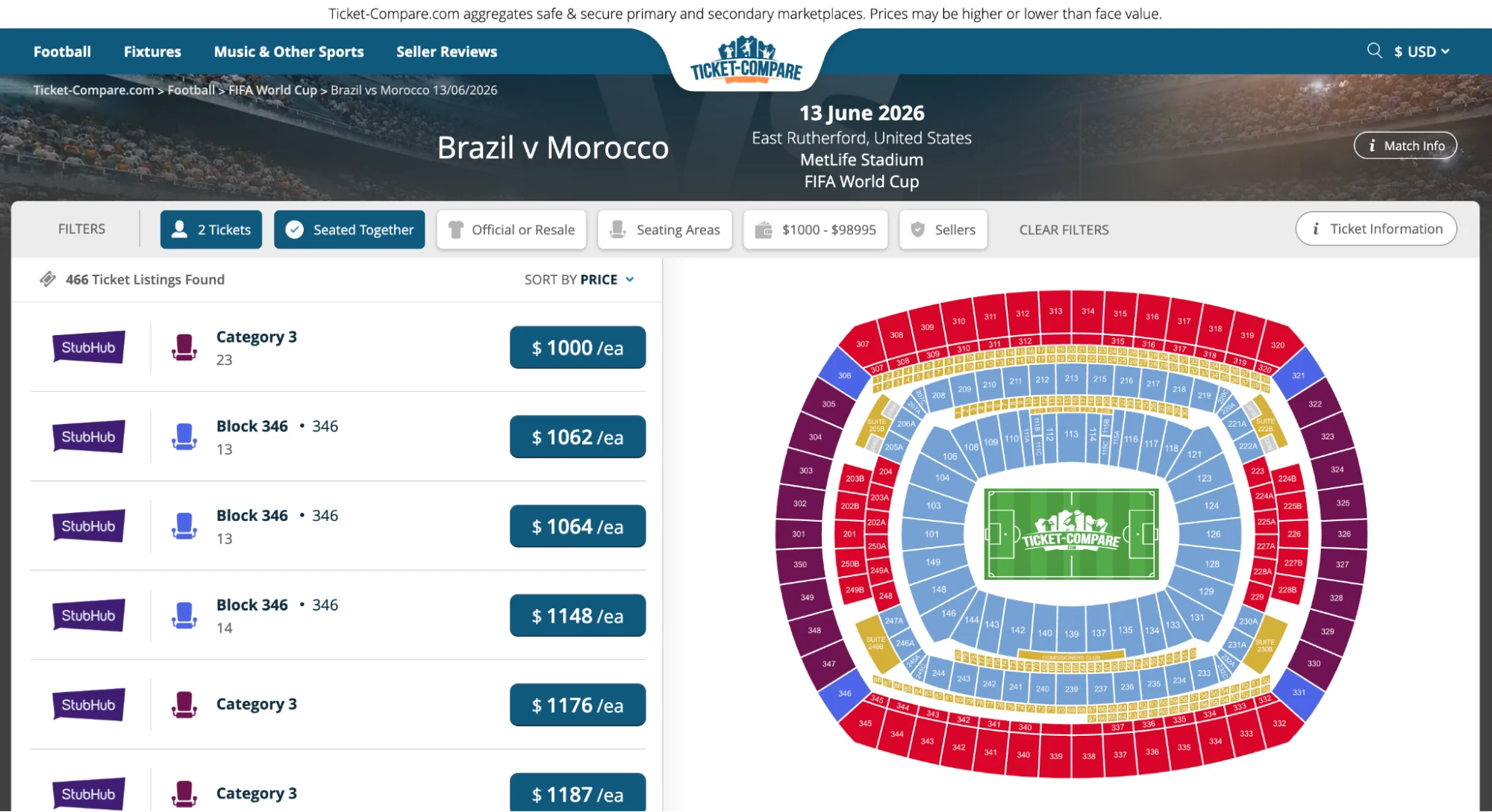 screenshot de la page billets Brésil vs Maroc
