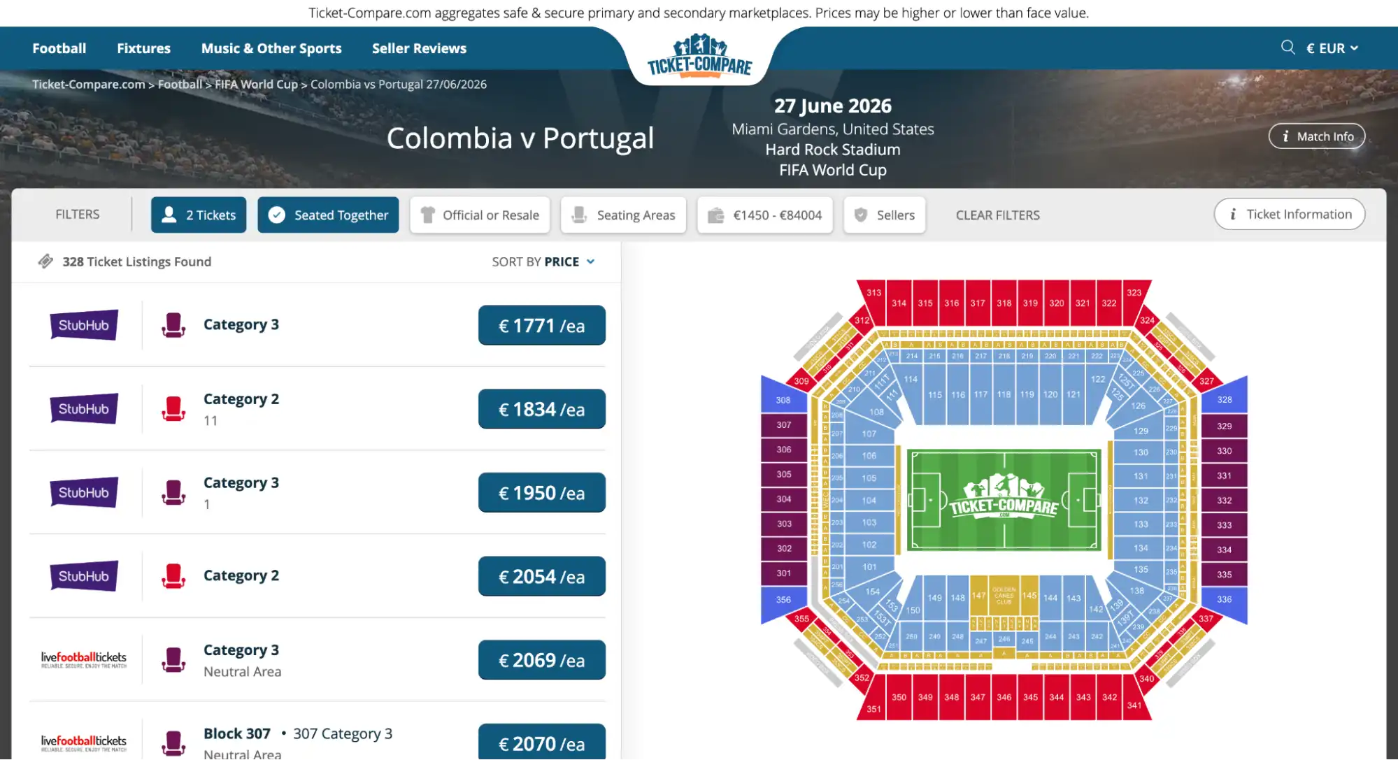 screenshot de la page billets Colombie vs Portugal