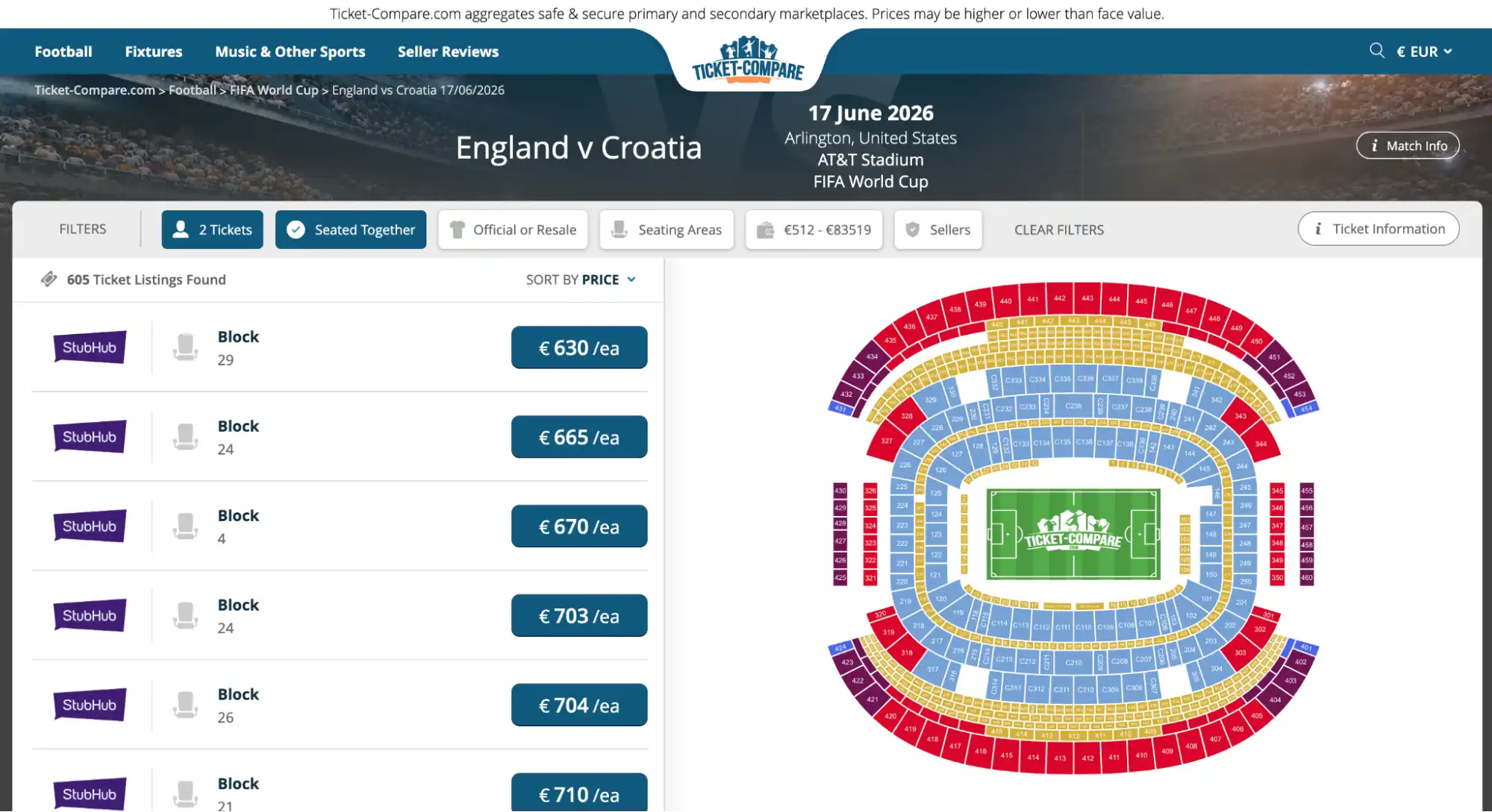 Capture écran page billets Angleterre vs Croatie