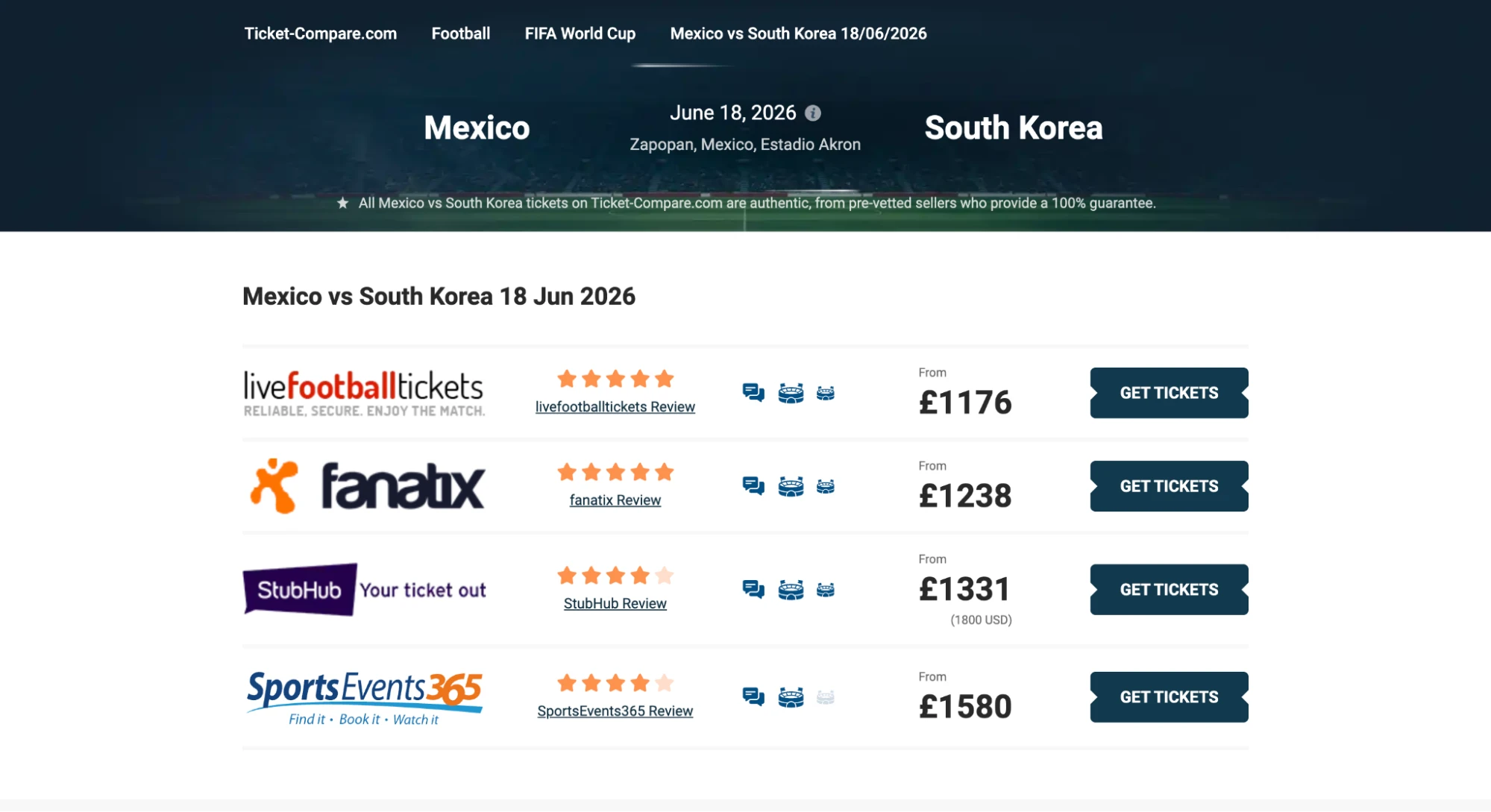 screenshot de la page billets Mexique vs Corée du Sud