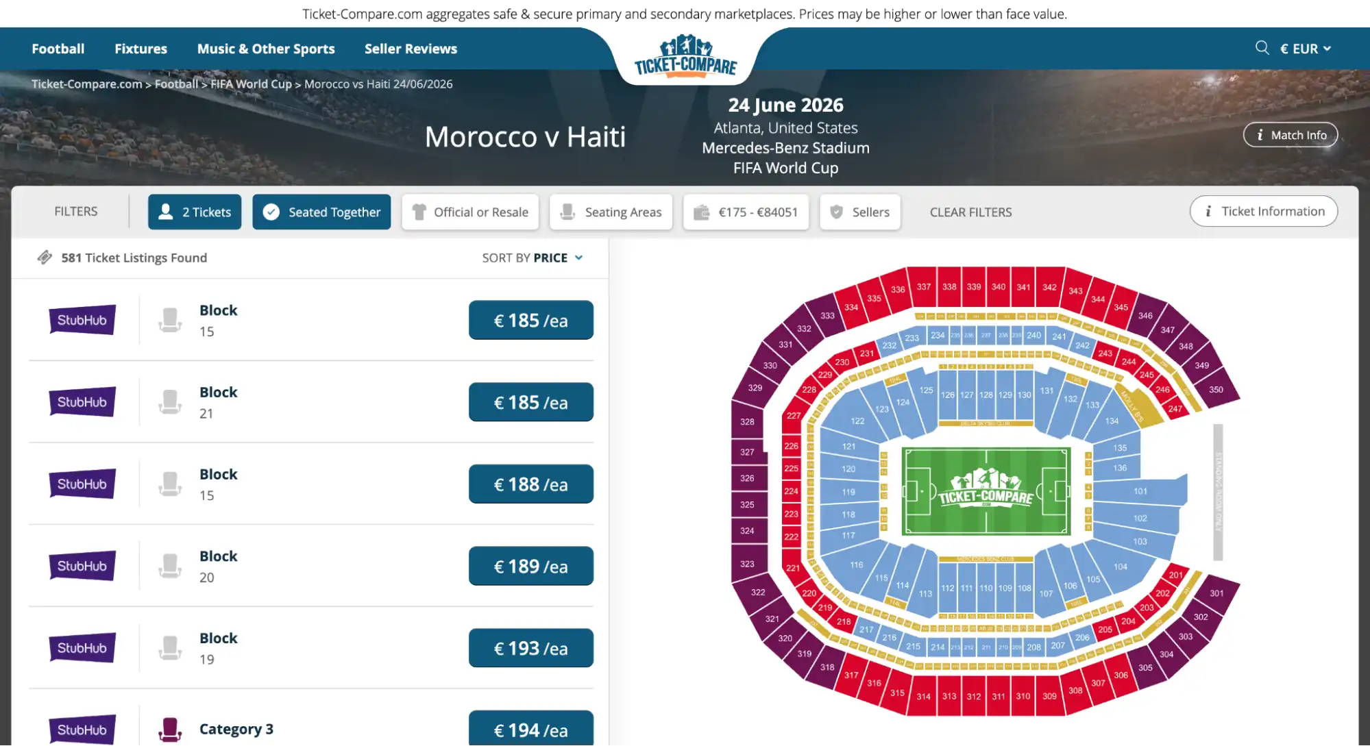 screenshot of Morocco vs Haiti match tickets page on ticket-compare.com