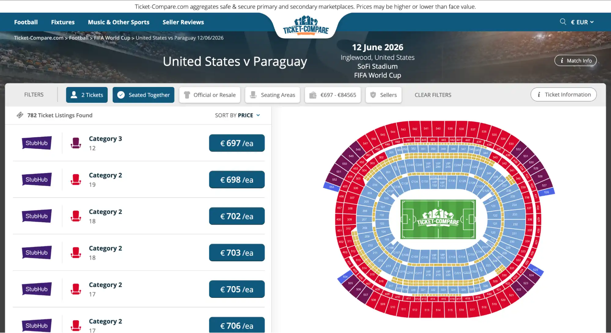 Capture d'écran page billets USA vs Paraguay