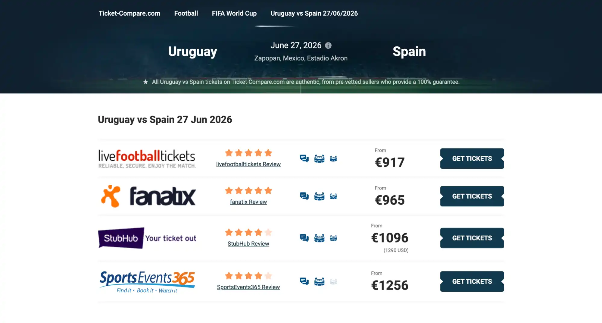 screenshot de la page billets Uruguay vs Espagne