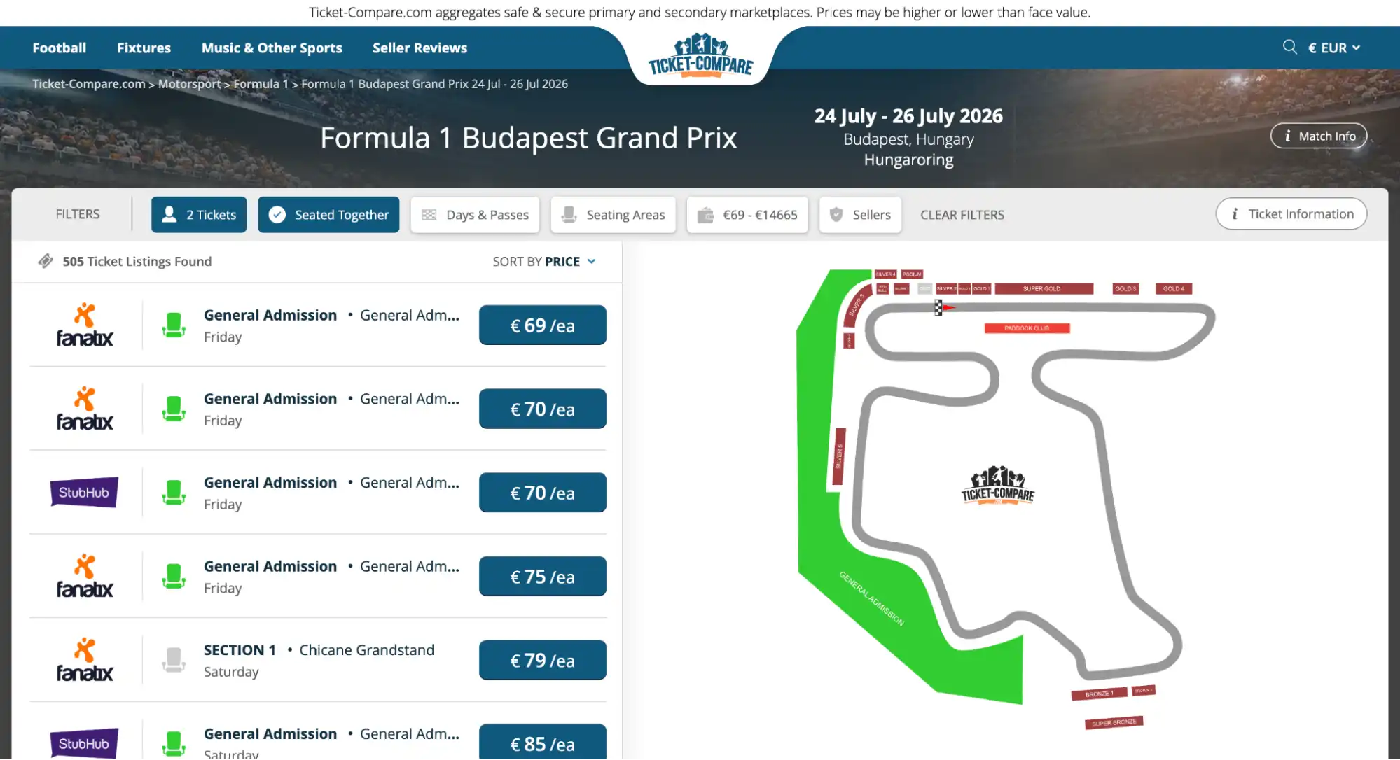 page Billetterie Grand Prix F1 Budapest sur ticket-compare.com